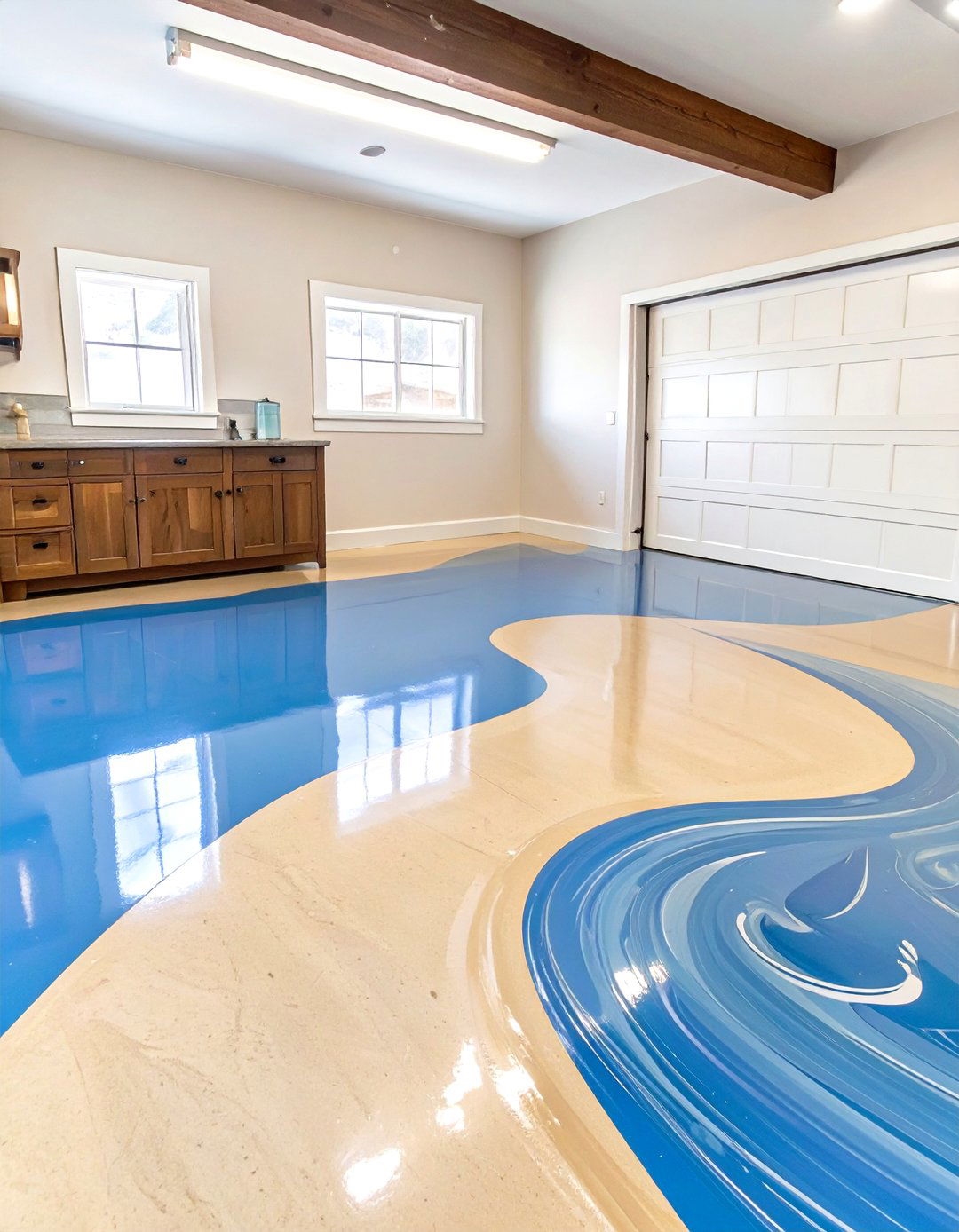 Ocean Blue and Sand Tan Garage Floor - 30 garage floor paint ideas