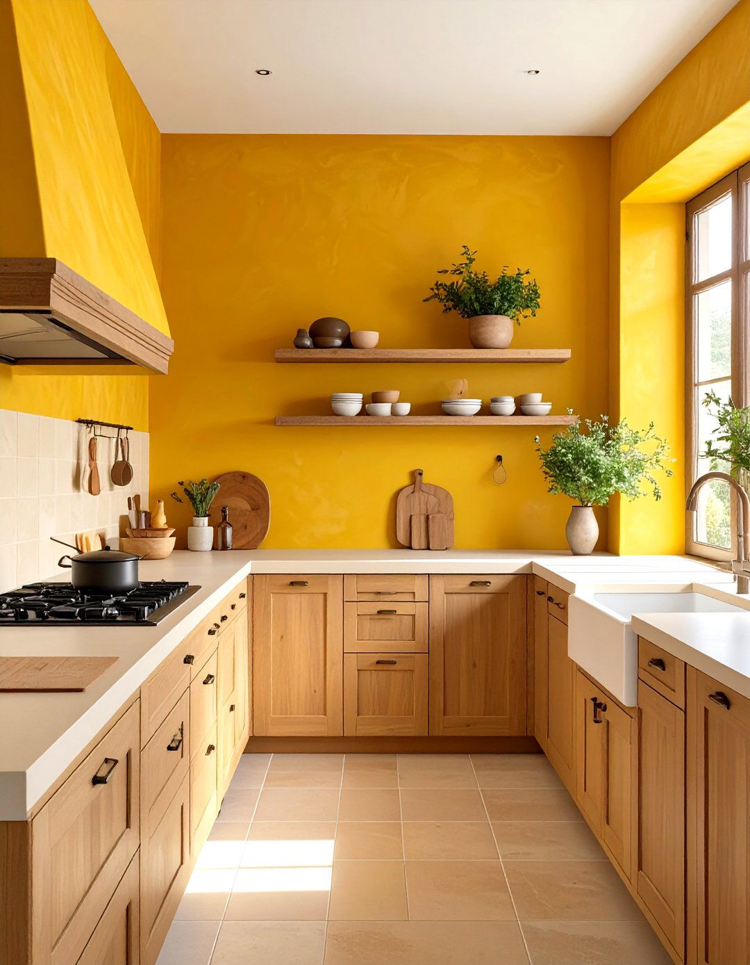 Ochre Yellow Walls with Wood Cabinets - 30 yellow kitchen ideas