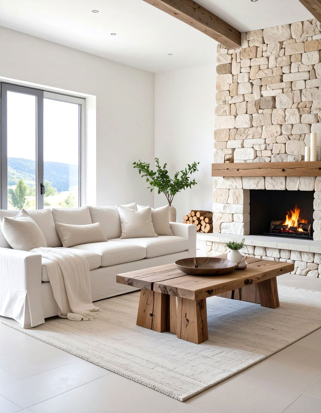 Off White and Natural Stone Living Room - 30 neutral living room color ideas