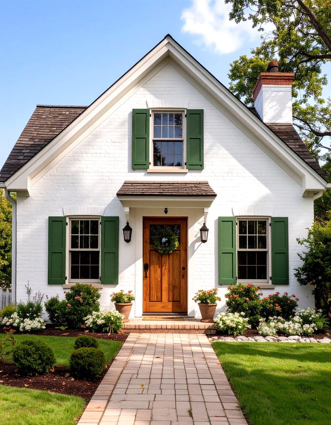 Off White with Green Shutters - 30 house exterior brick paint color ideas