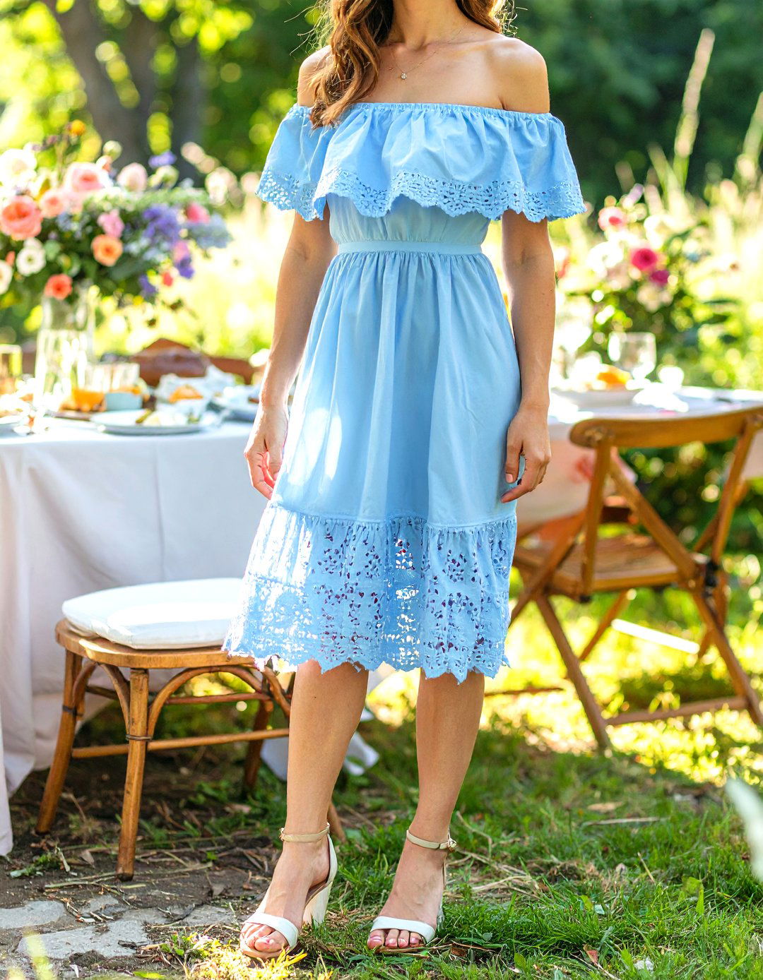 Off the Shoulder Midi Dress - 30 baby shower outfit ideas