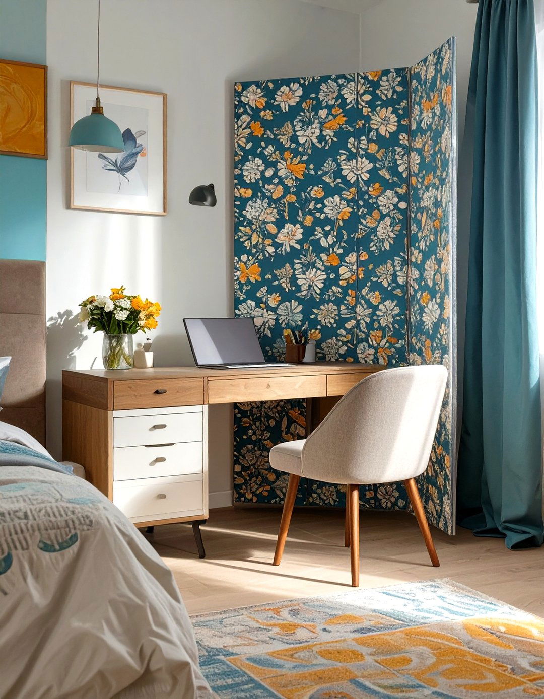 Office Nook Behind a Room Divider - 30 small bedroom office combo ideas