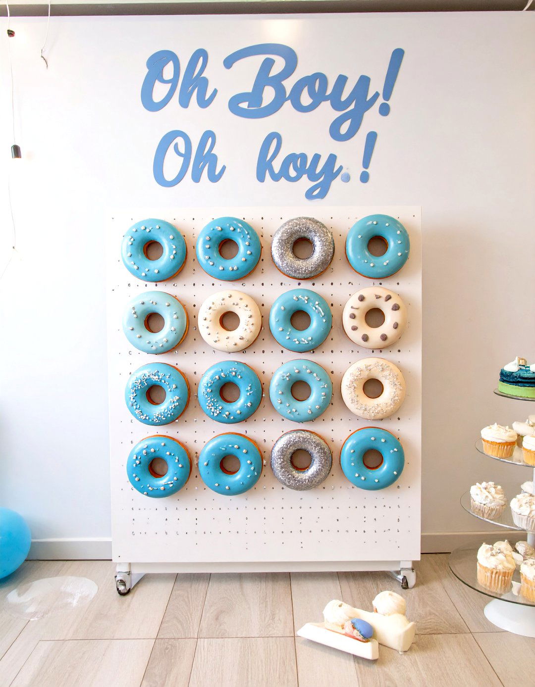 Oh Boy! Donut Wall Display - 30 baby shower food ideas boy