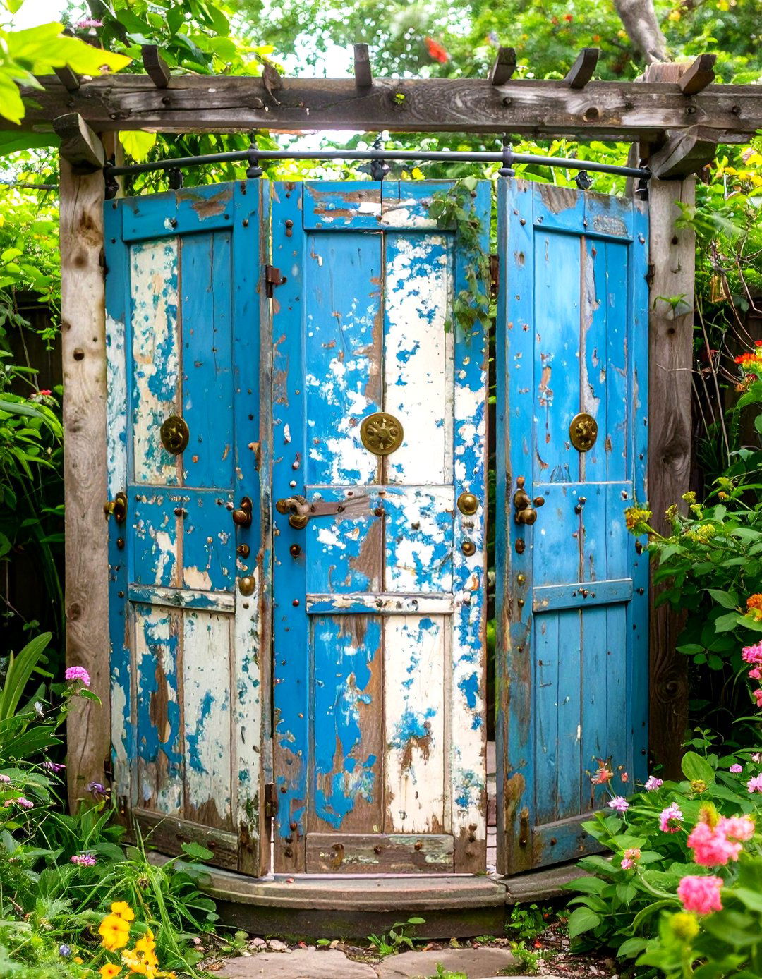 Old Door Privacy Screen - 30 rustic outdoor shower ideas