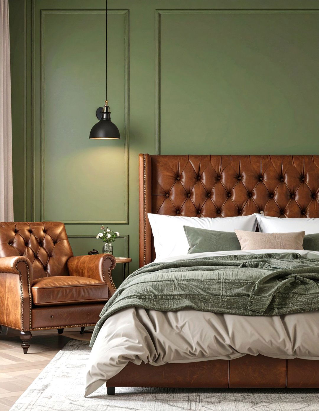 Olive Green Bedroom with Leather Details - 30 olive green bedroom ideas