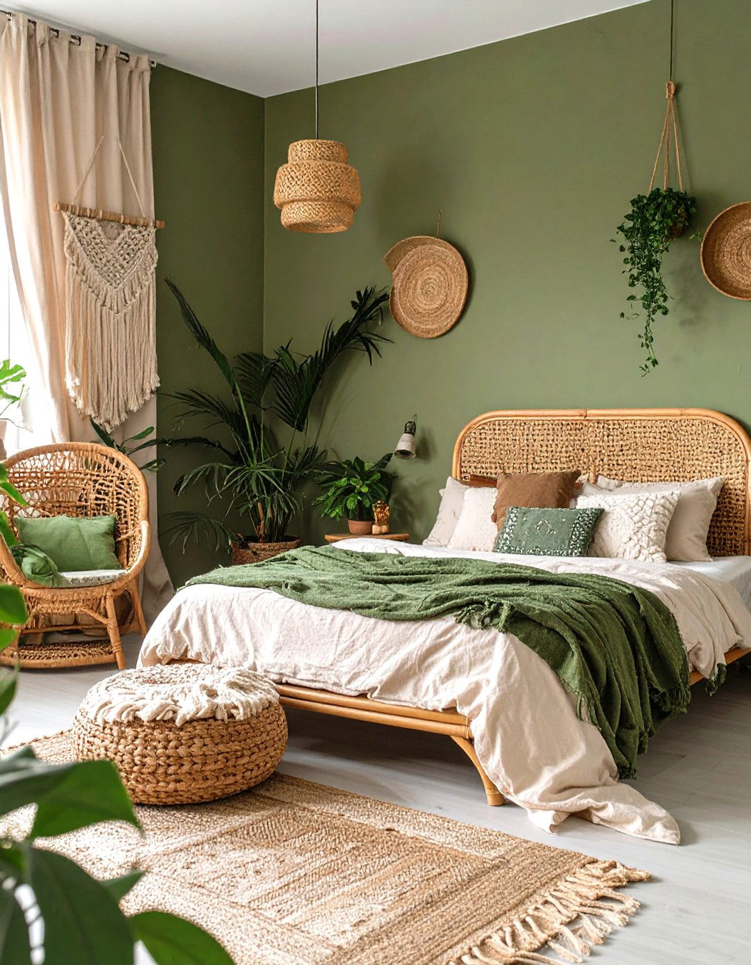 Olive Green Bedroom with Rattan Furniture - 30 olive green bedroom ideas