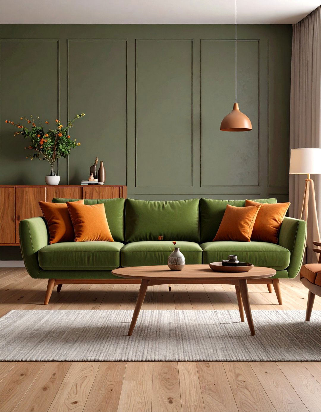 Olive Green Sofa in a Mid Century Modern Setting - 30 green sofa living room ideas