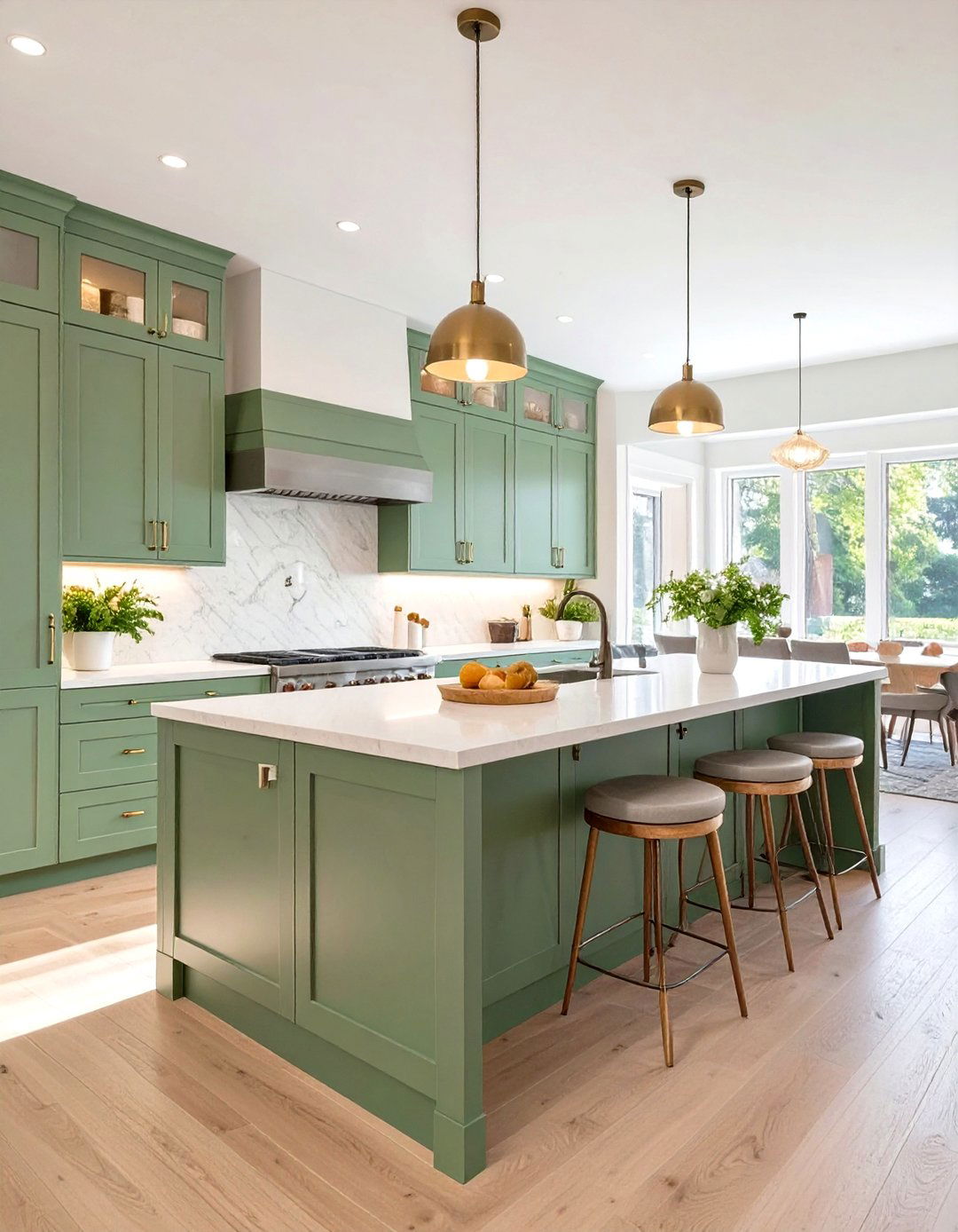 Open Concept Kitchen with Moss Green Cabinets - 30 green kitchen cabinets ideas