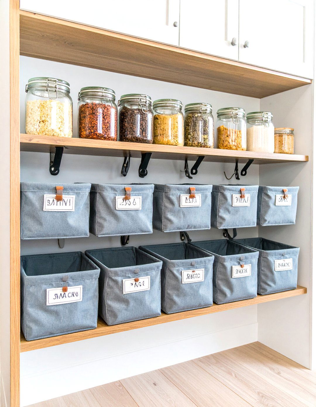 Open Pantry Shelving with Labeled Bins - 30 pantry shelf ideas