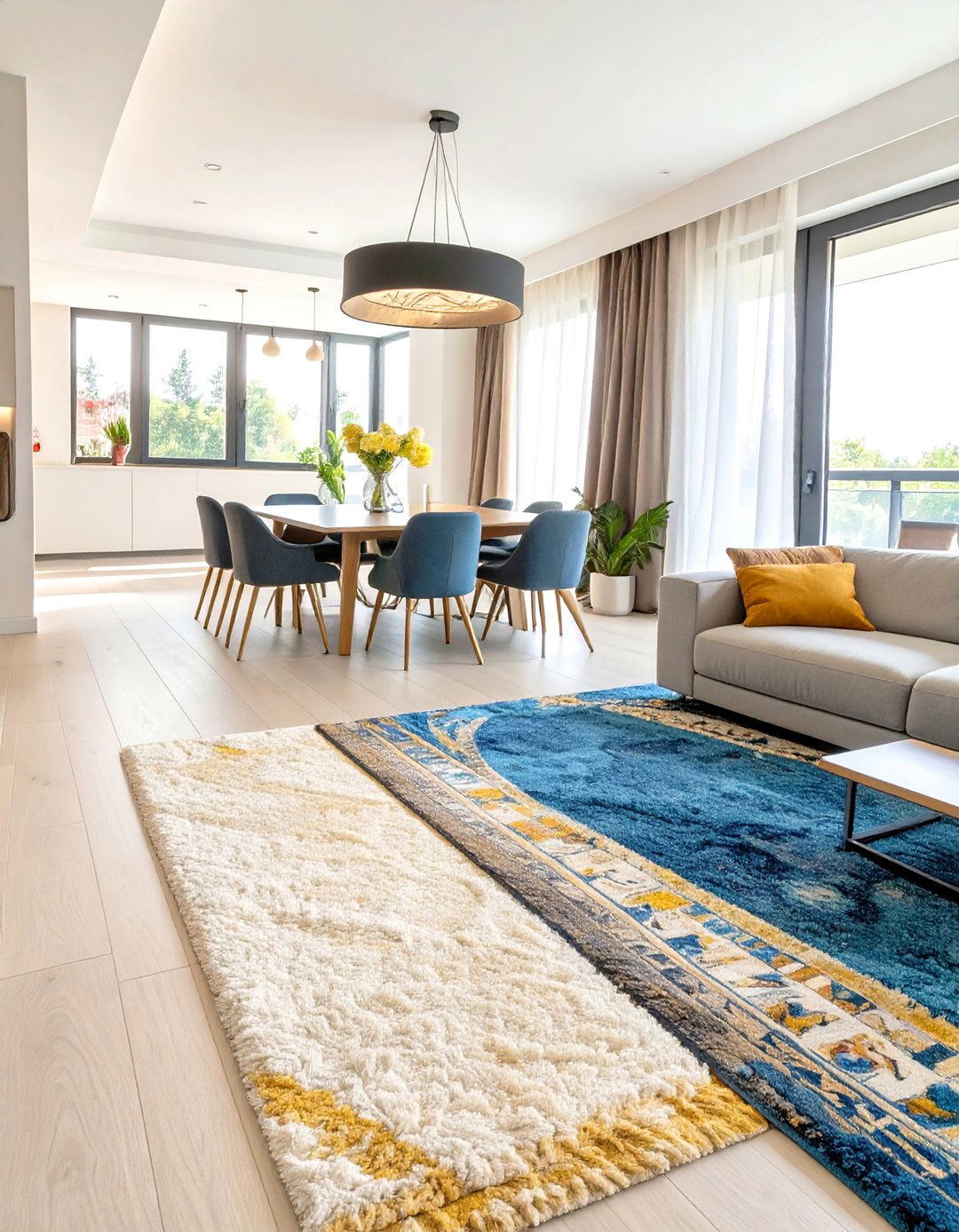 Open Plan Layout with Zoning Rugs - 30 lounge dining room ideas