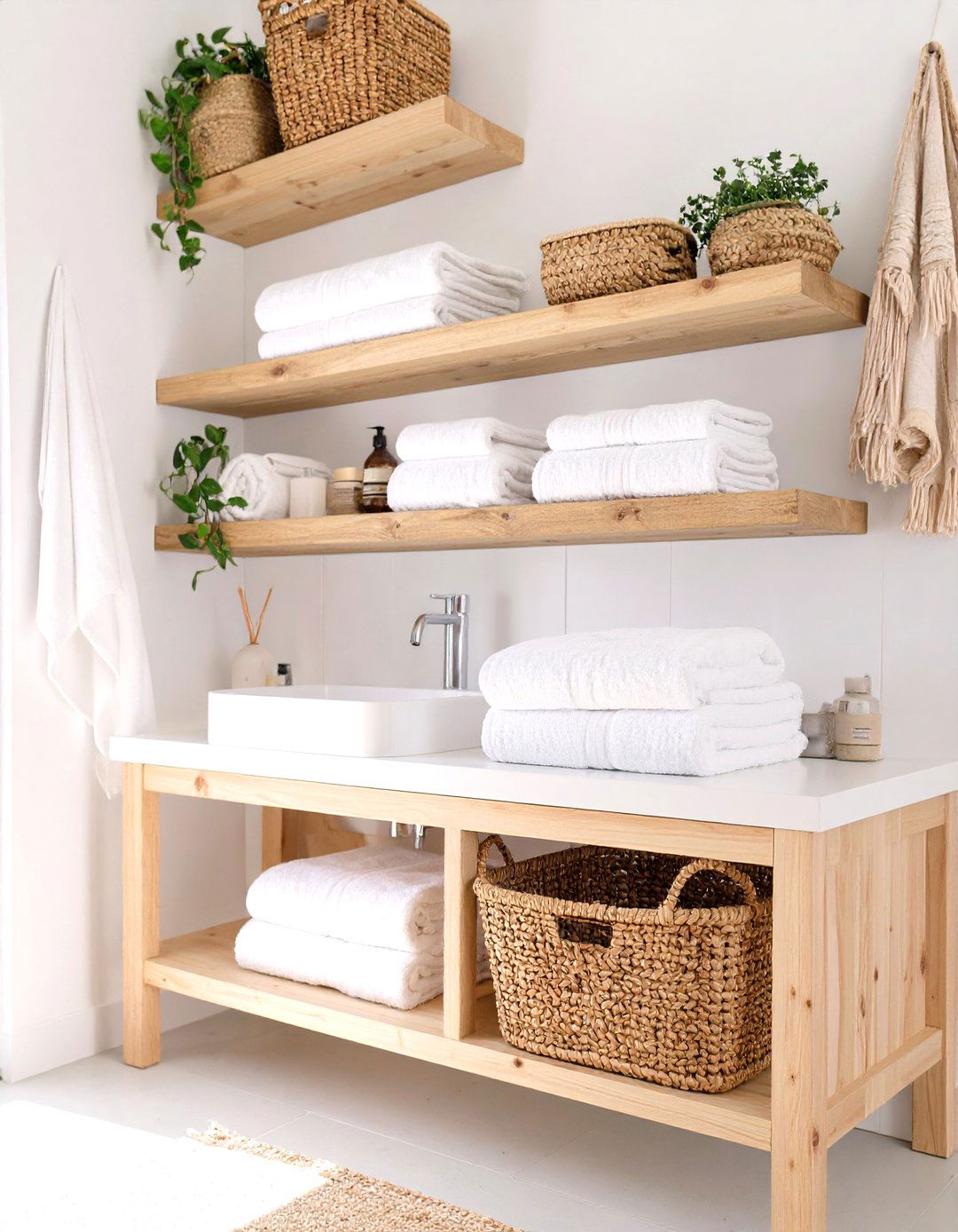 Open Shelf Vanity with Woven Baskets - 30 vanity ideas
