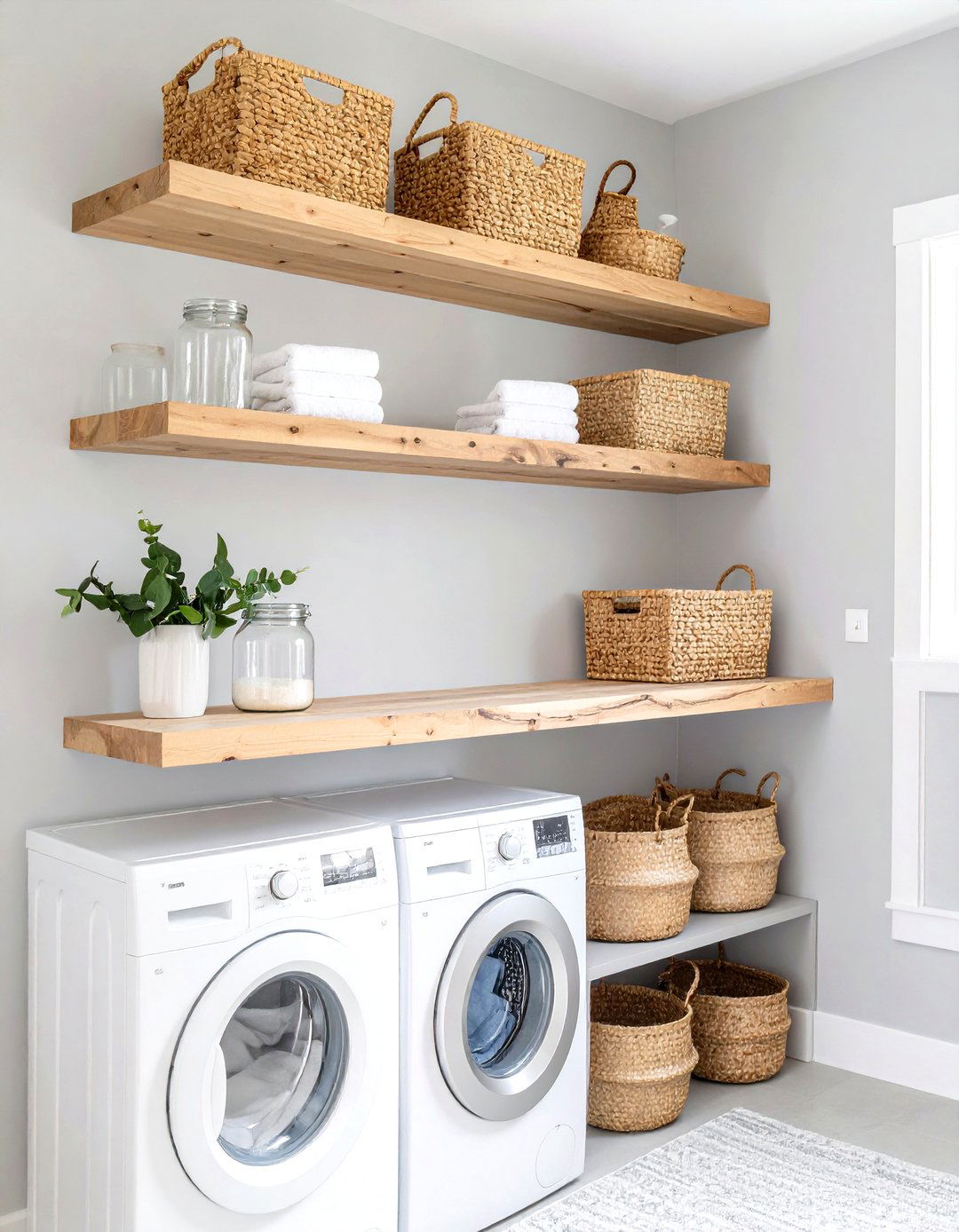 Open Shelving Alongside a Stackable Laundry Unit - 30 stackable laundry room ideas