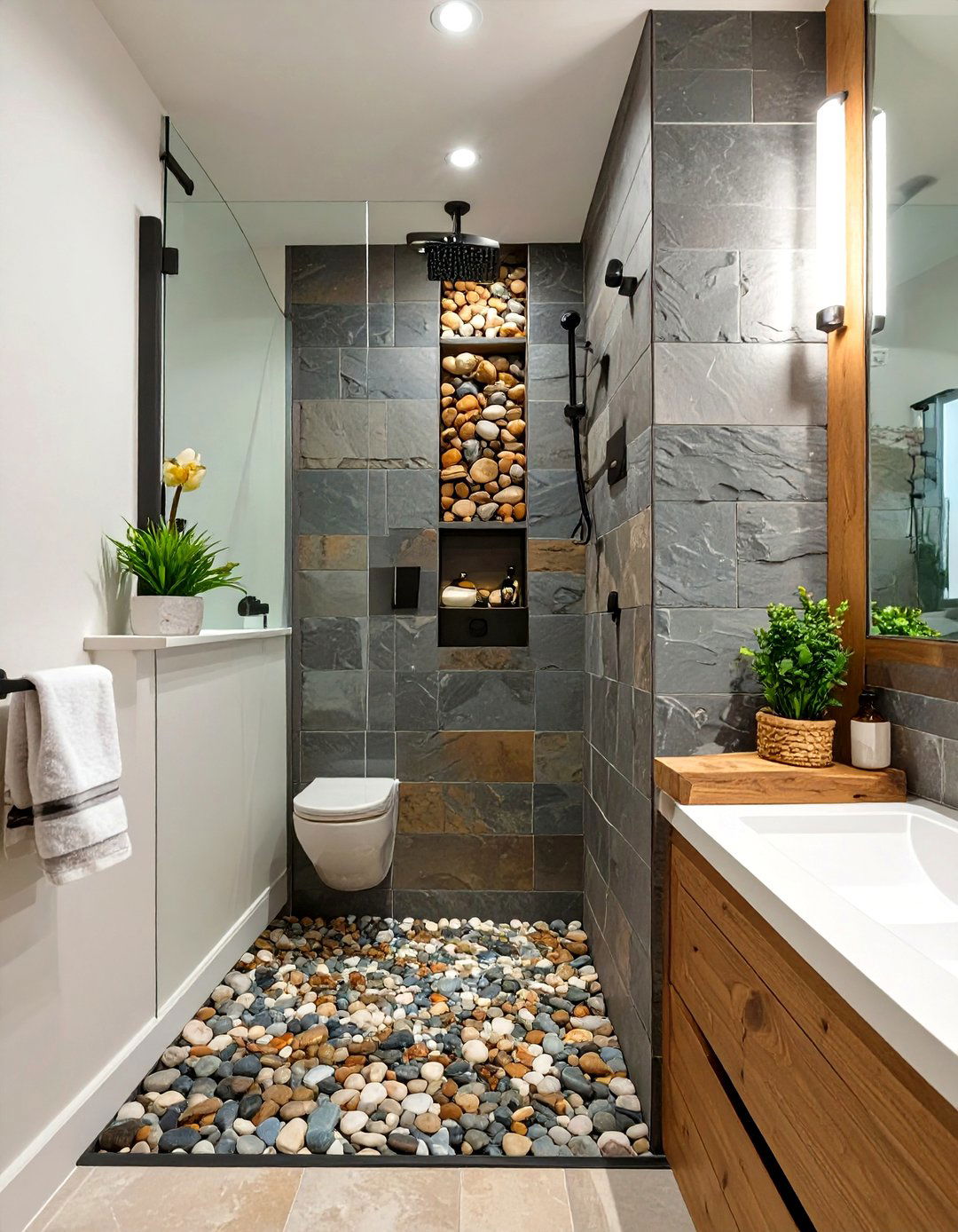 Open Shelving Niche in a Rustic Shower - 30 rustic shower ideas