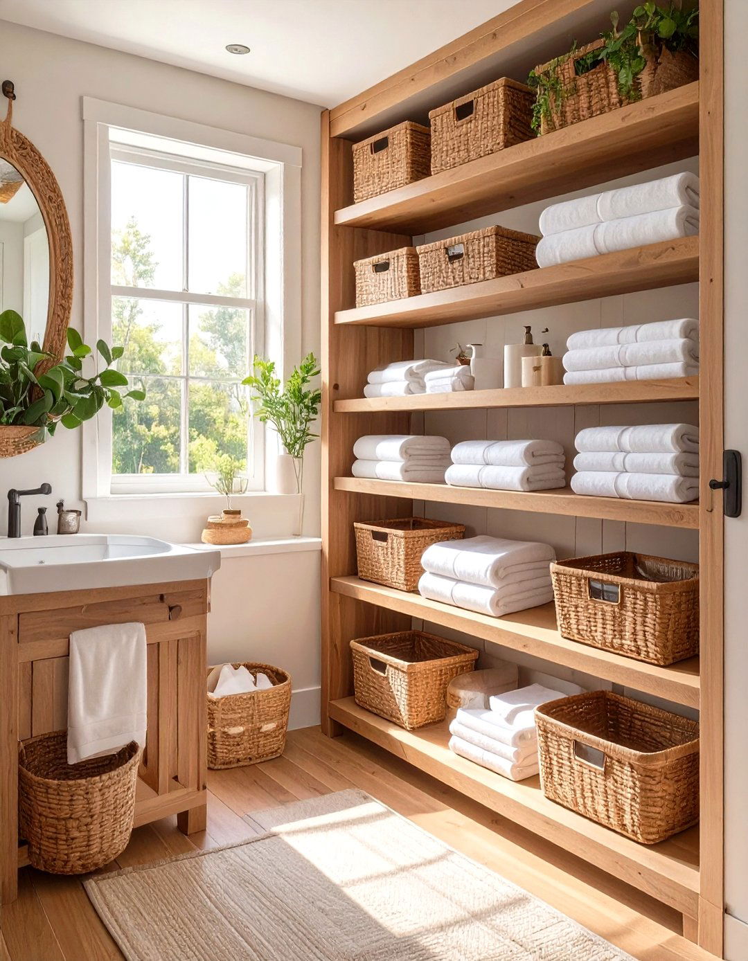 Open Shelving and Woven Baskets - 30 modern farmhouse bathroom ideas