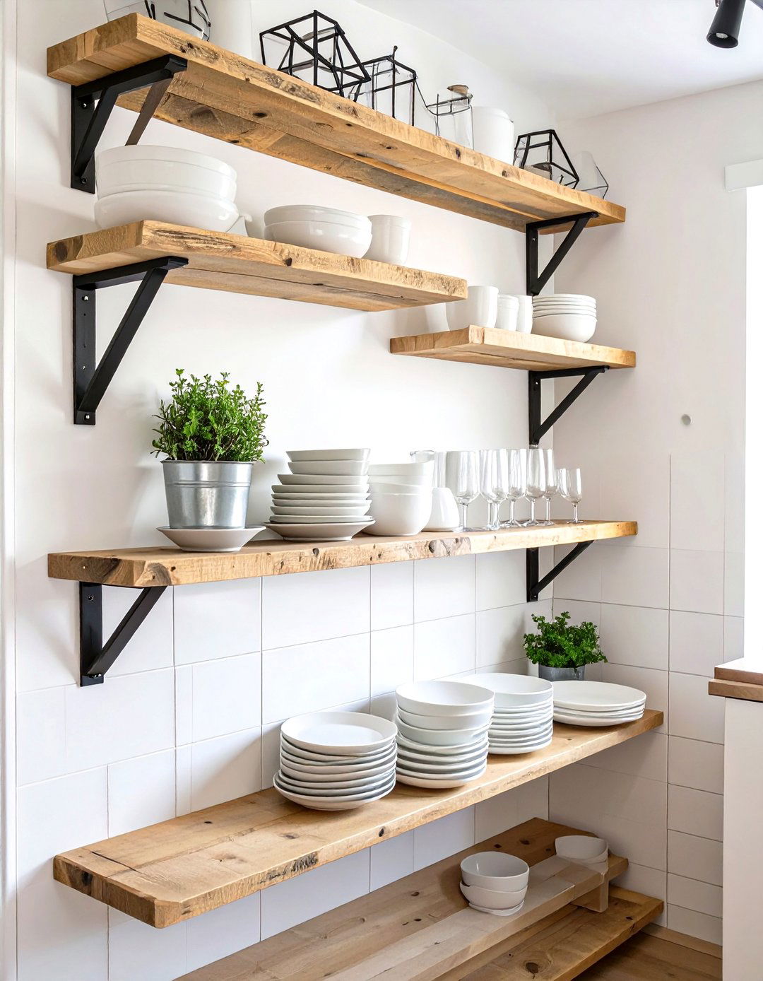 Open Shelving with Inexpensive Brackets - 30 very small kitchen ideas on a budget