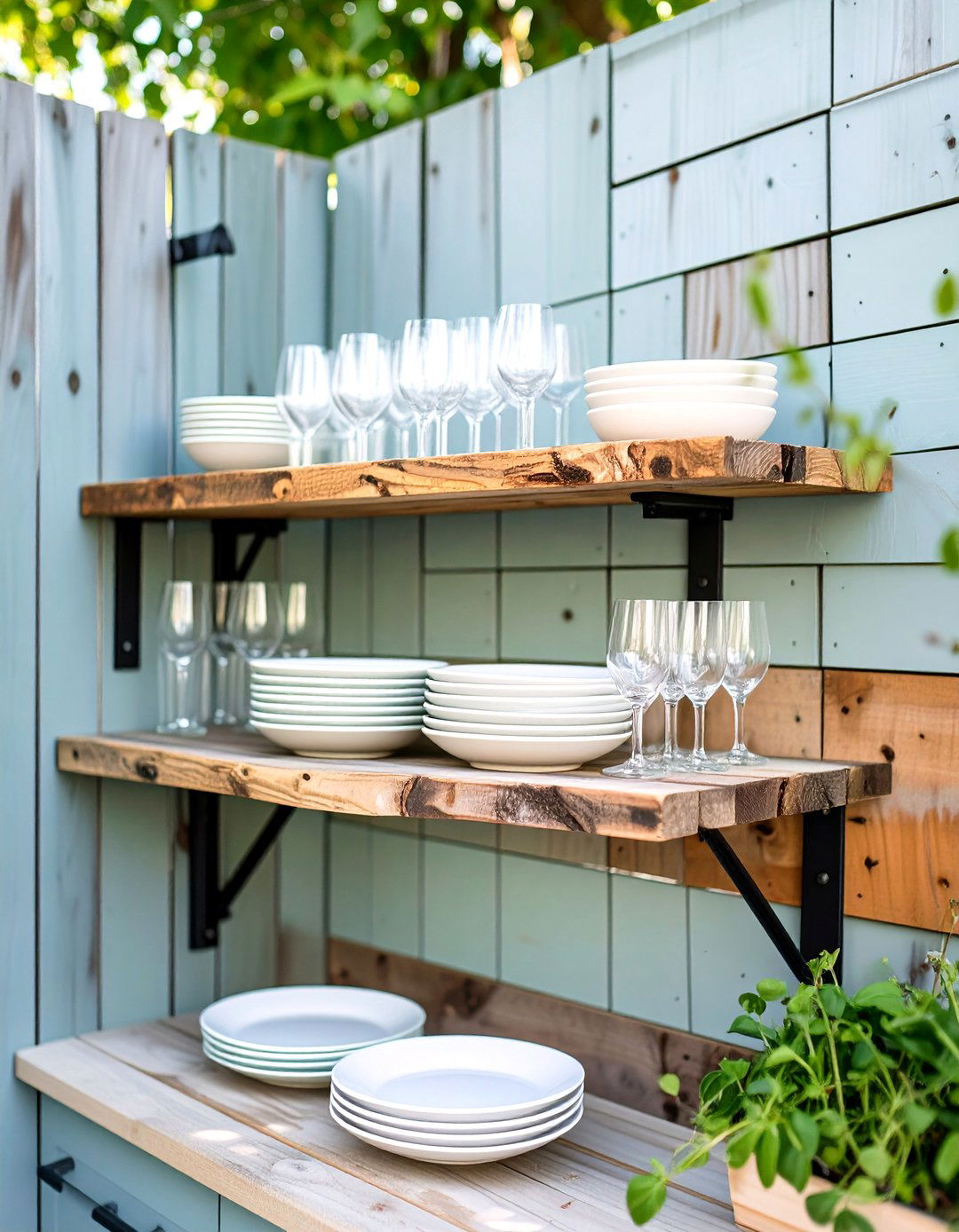 Open Shelving with Reclaimed Wood - 30 outdoor kitchen ideas on a budget