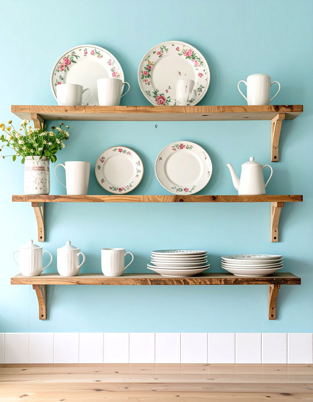 Open Shelving with Vintage Dishes in a Small Country Kitchen - 30 small country kitchen ideas