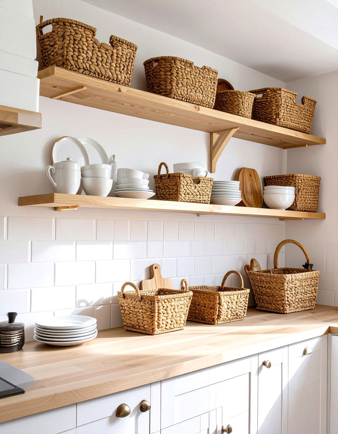 Open Shelving with Wicker Baskets - 30 small coastal kitchen ideas