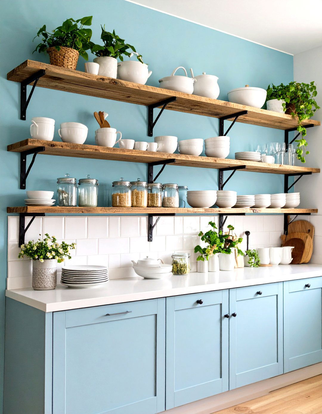 Open Wood Shelving in the Kitchen - 30 rustic home decor ideas