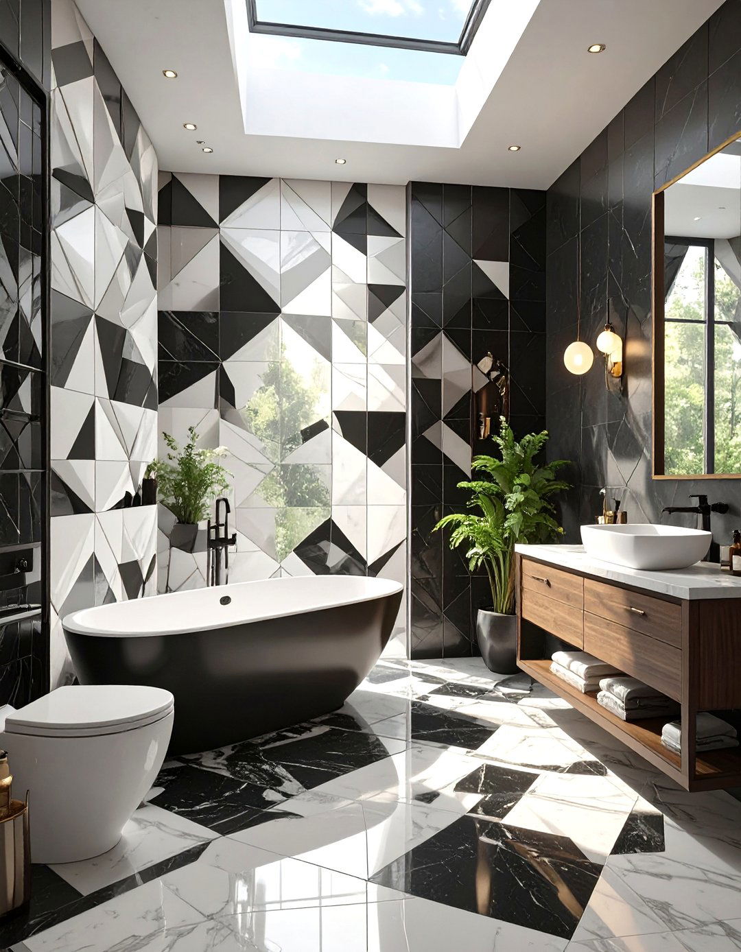 Optical Illusion Bathroom with D Tiles - 30 black and white bathroom ideas