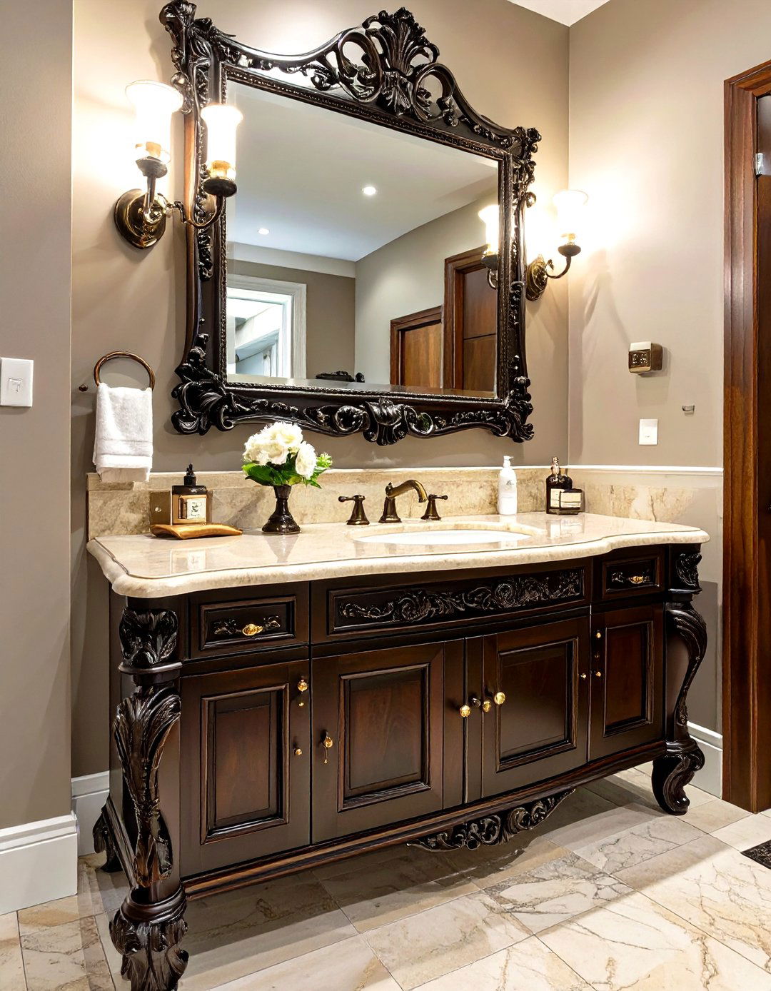 Ornate Carved Wood Vanity - 30 vanity inspo ideas