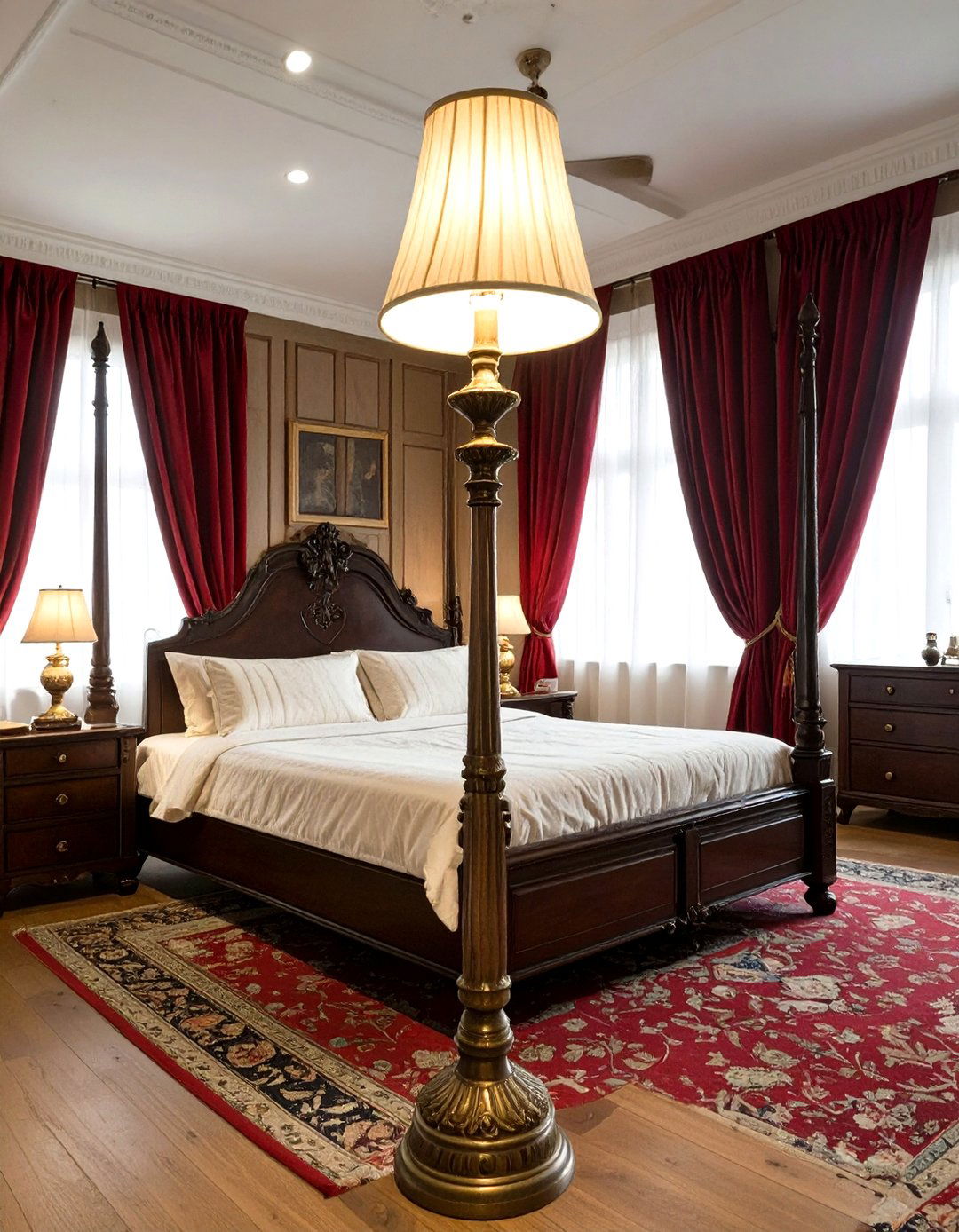 Ornate Torchiere Floor Lamp in a Victorian Inspired Bedroom - 30 floor lamps for bedroom ideas