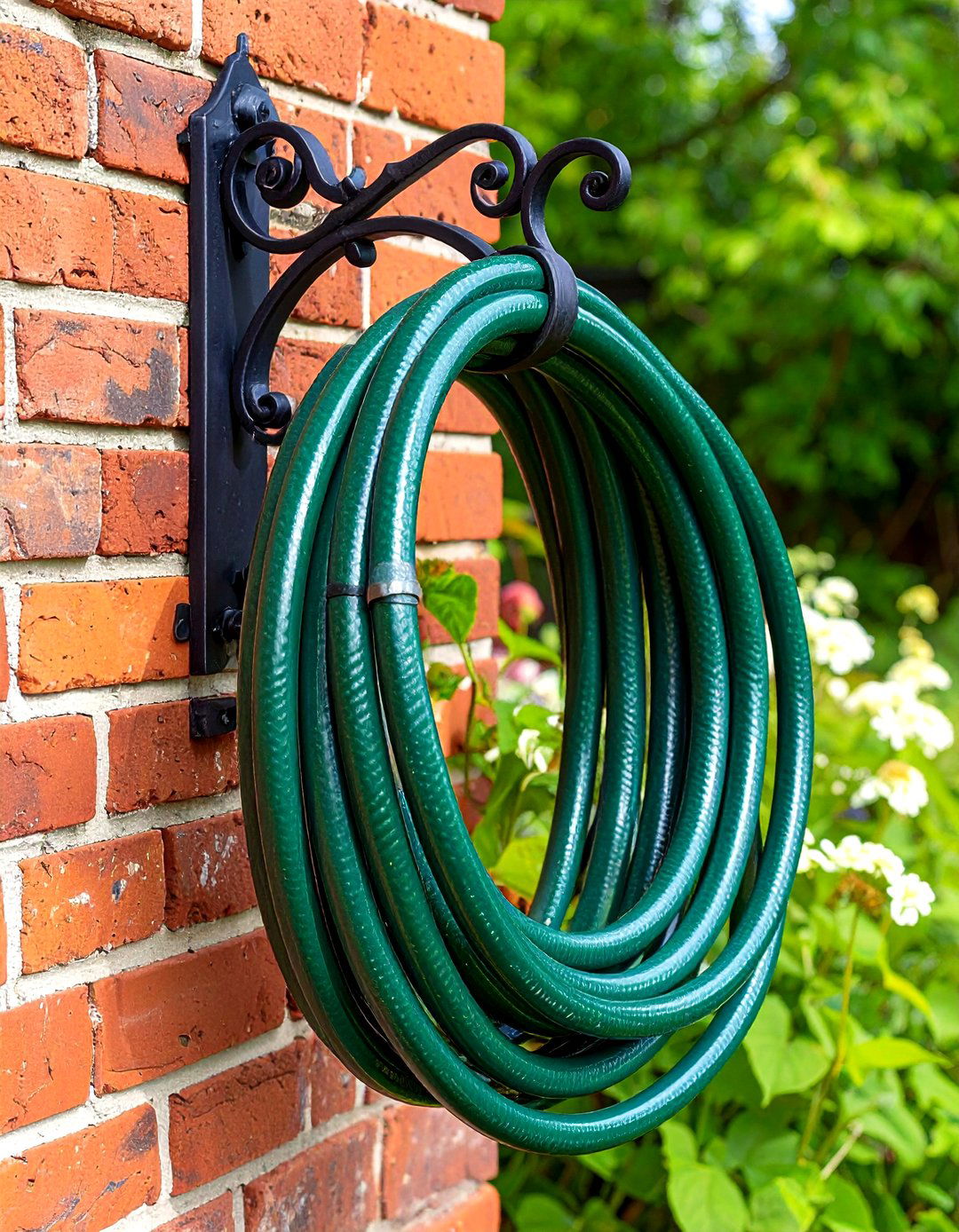 Ornate Wrought Iron Wall Bracket - 30 garden hose storage ideas
