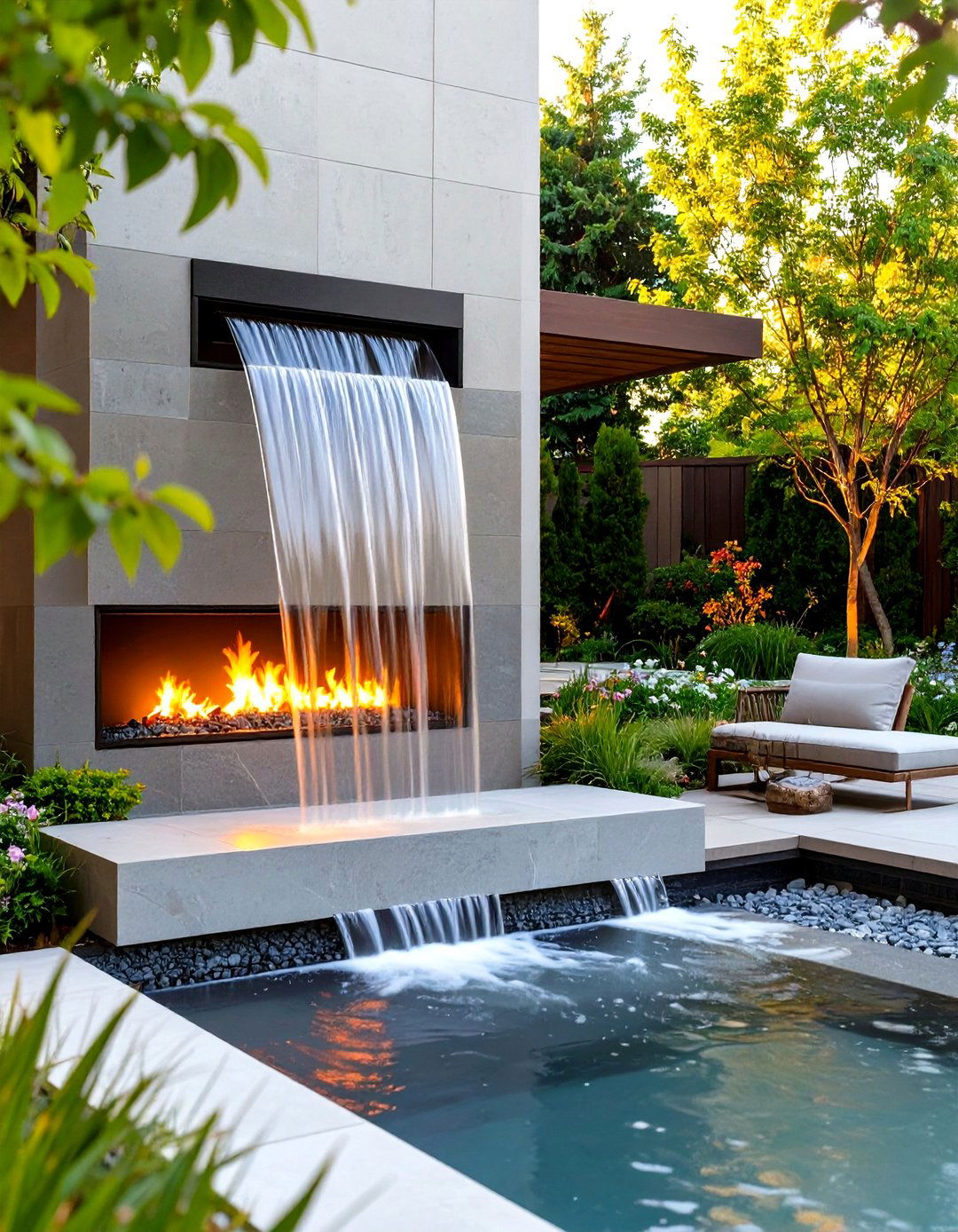 Outdoor Fireplace with a Waterfall Feature - 30 outdoor fireplace ideas