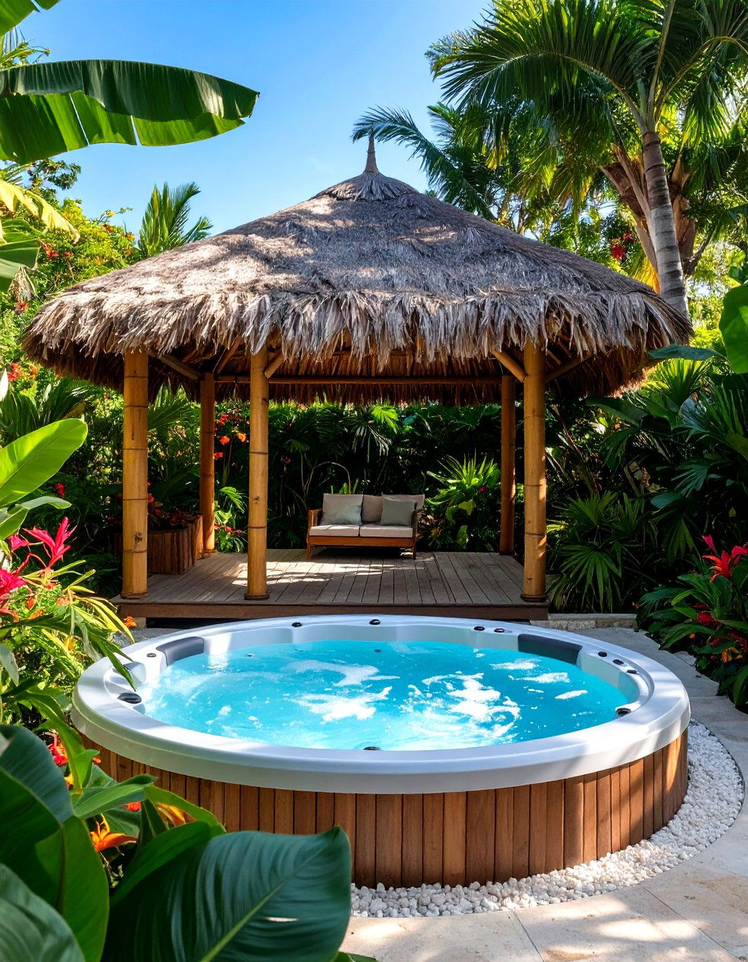 Outdoor Hot Tub with a Thatched Roof Gazebo - 30 outdoor hot tub ideas