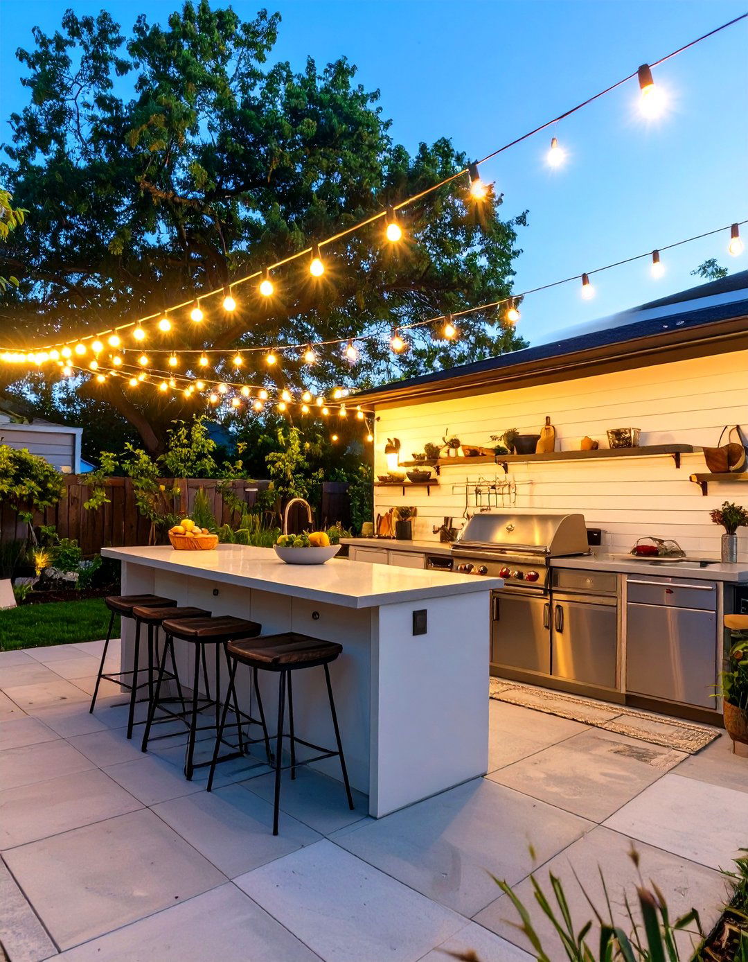 Outdoor Kitchen with String Lights - 30 simple outdoor kitchen ideas