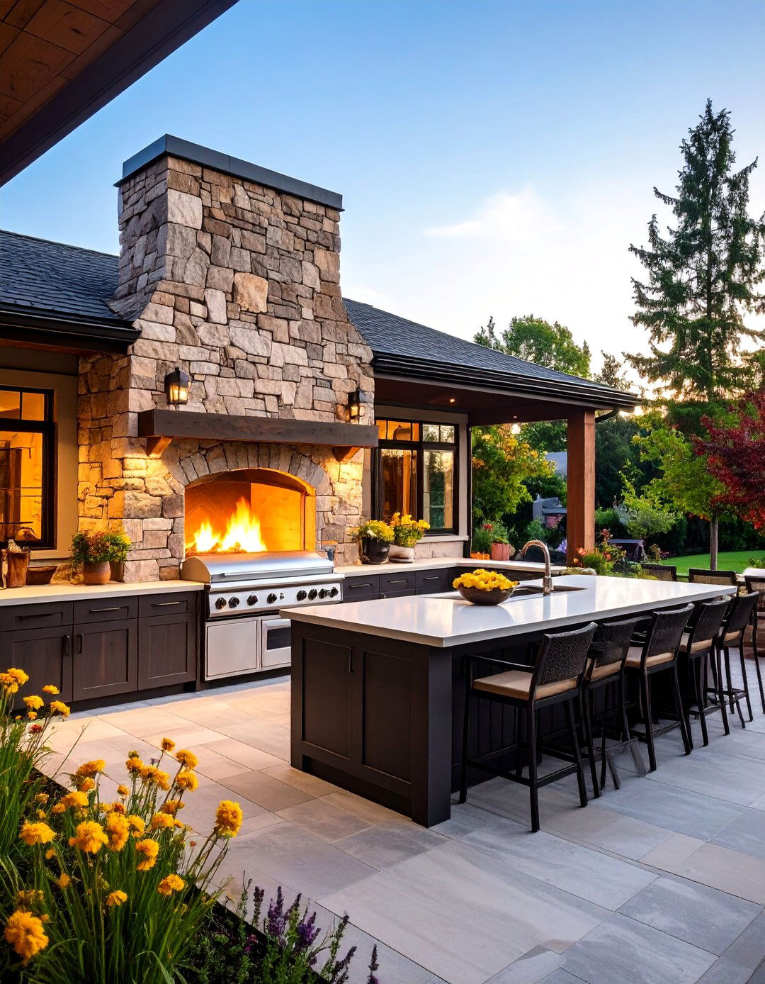 Outdoor Kitchen with a Fireplace - 30 backyard fireplace ideas