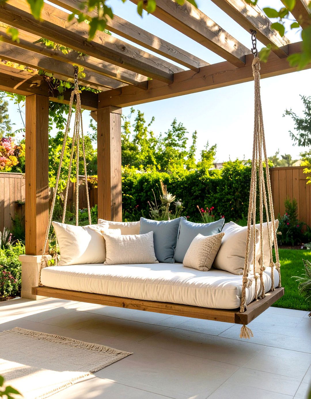Outdoor Living Space with a Hanging Swing Bed - 30 outdoor living space ideas