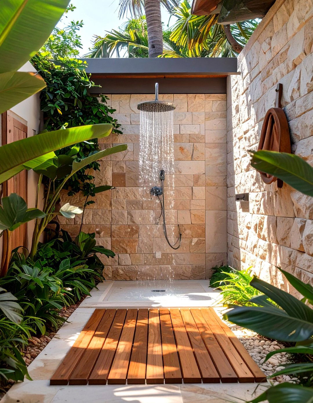 Outdoor Shower with Natural Stone - 30 beach house decor ideas