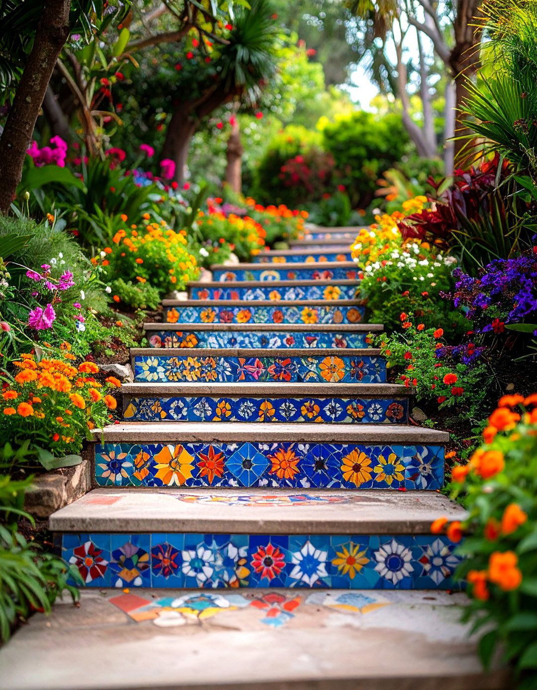 Outdoor Steps with Mosaic Tile Risers - 30 outdoor steps ideas