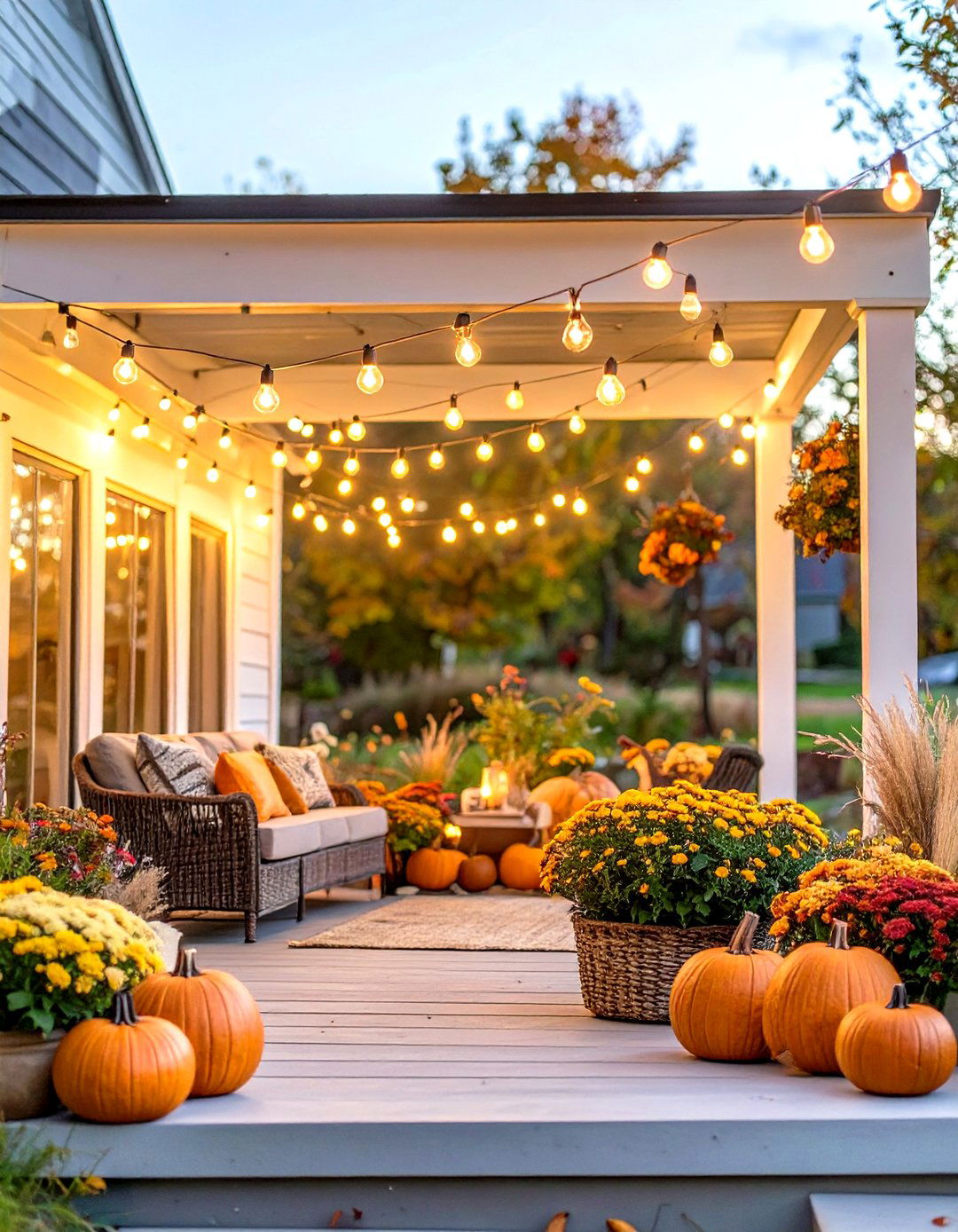 Outdoor String Lights with an Autumnal Glow - 30 outdoor fall decor ideas
