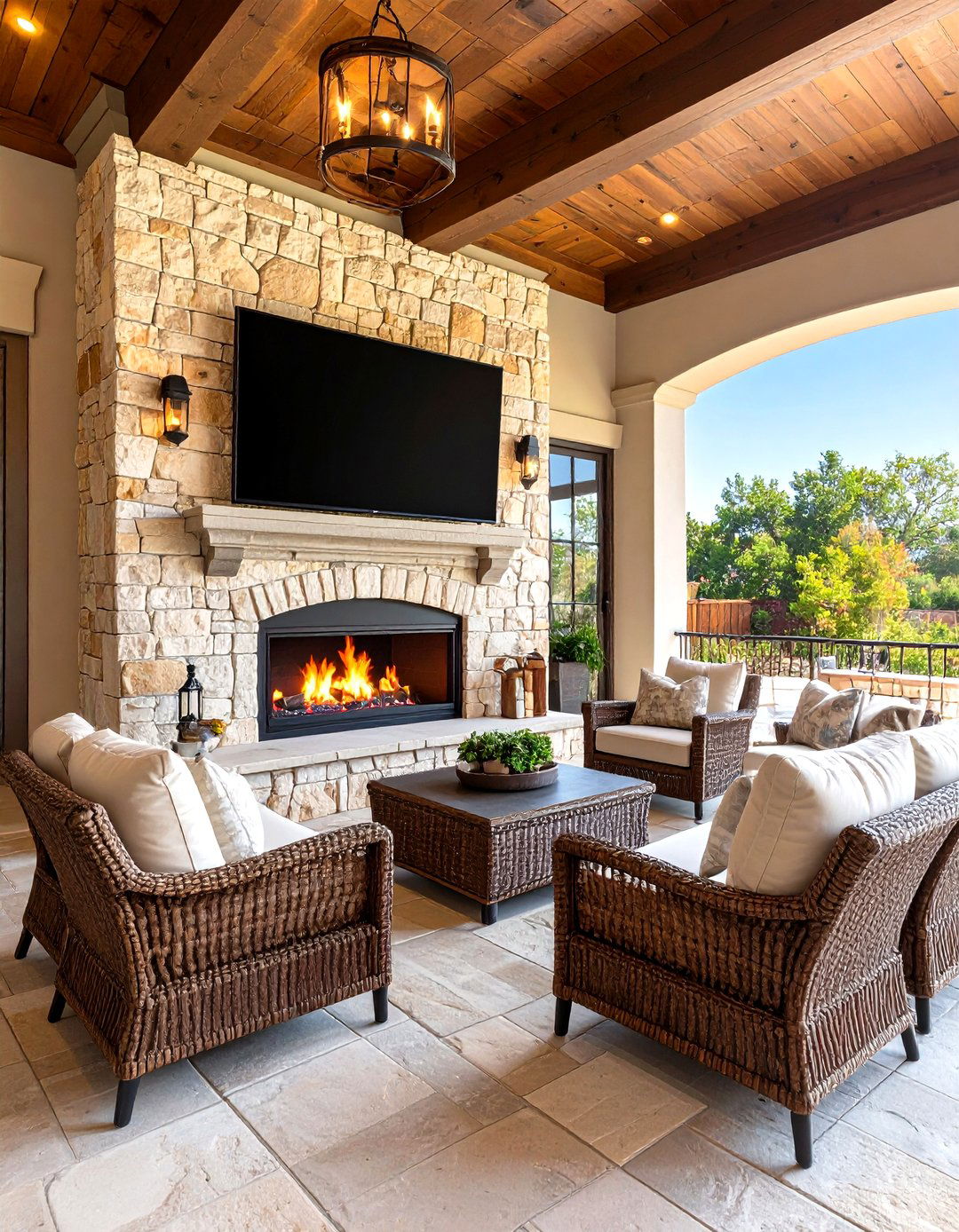 Outdoor TV Mount Above a Stone Fireplace - 30 outdoor tv mount ideas
