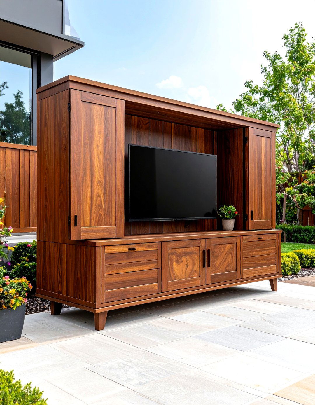 Outdoor TV Mount Inside a Bi Fold Cabinet - 30 outdoor tv mount ideas