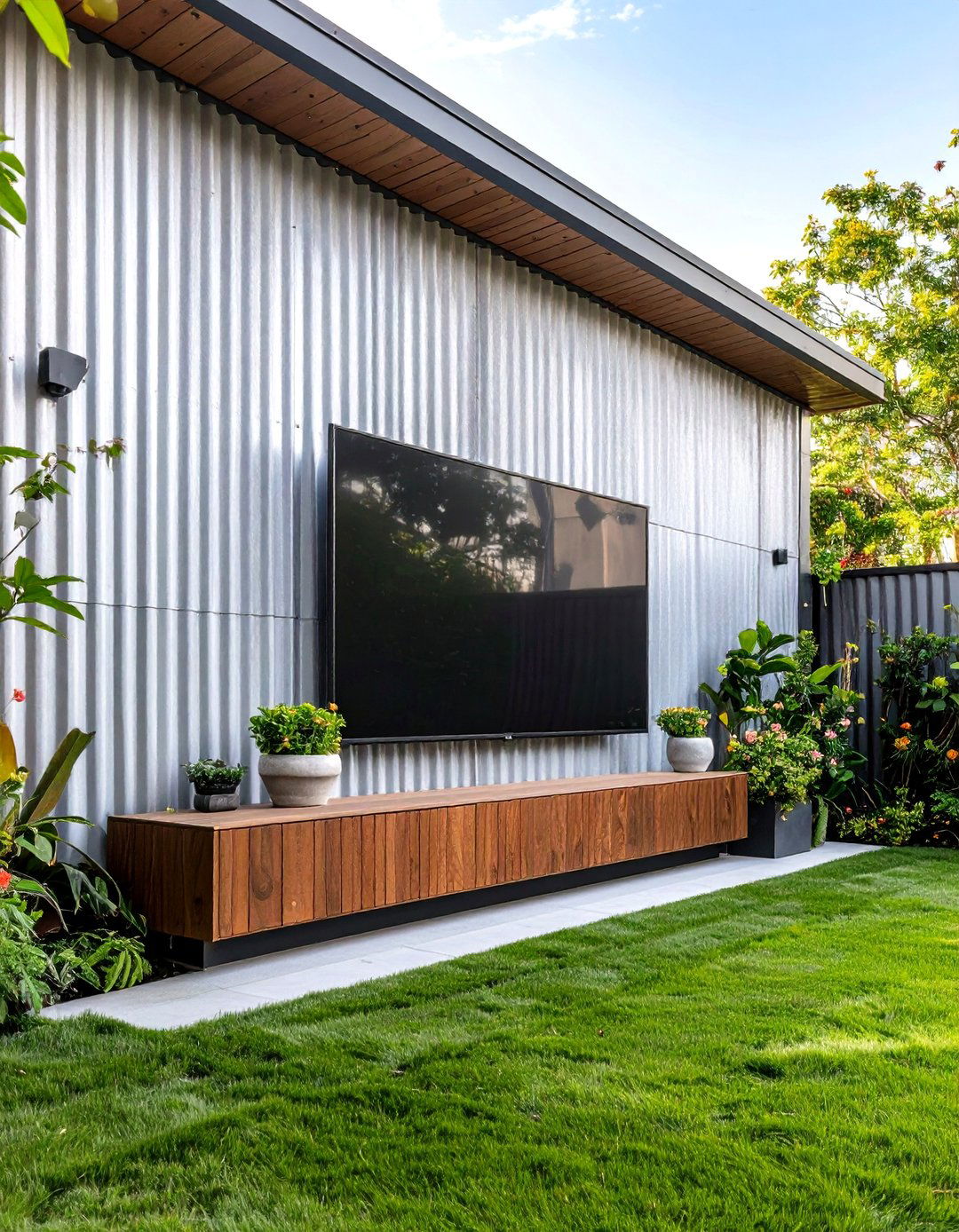 Outdoor TV Wall Backed by Corrugated Metal - 30 outdoor tv wall ideas