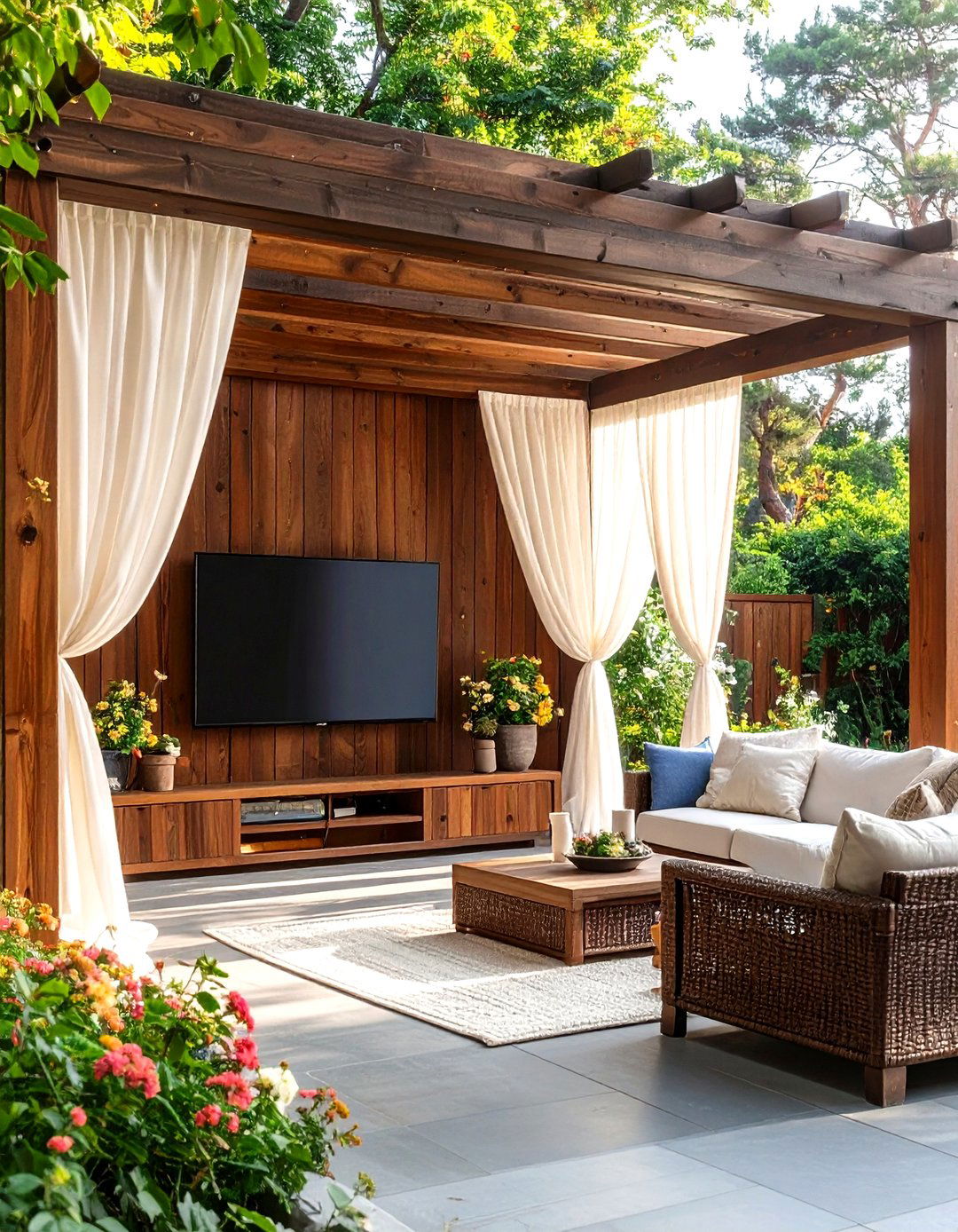 Outdoor TV Wall Inside a Covered Pergola - 30 outdoor tv wall ideas