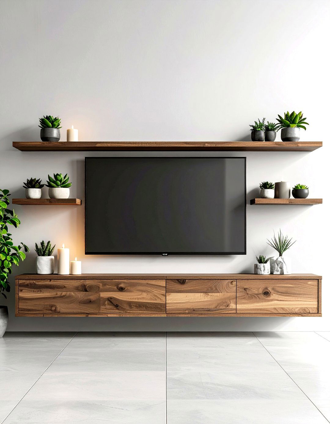 Outdoor TV Wall with Floating Shelves - 30 outdoor tv wall ideas