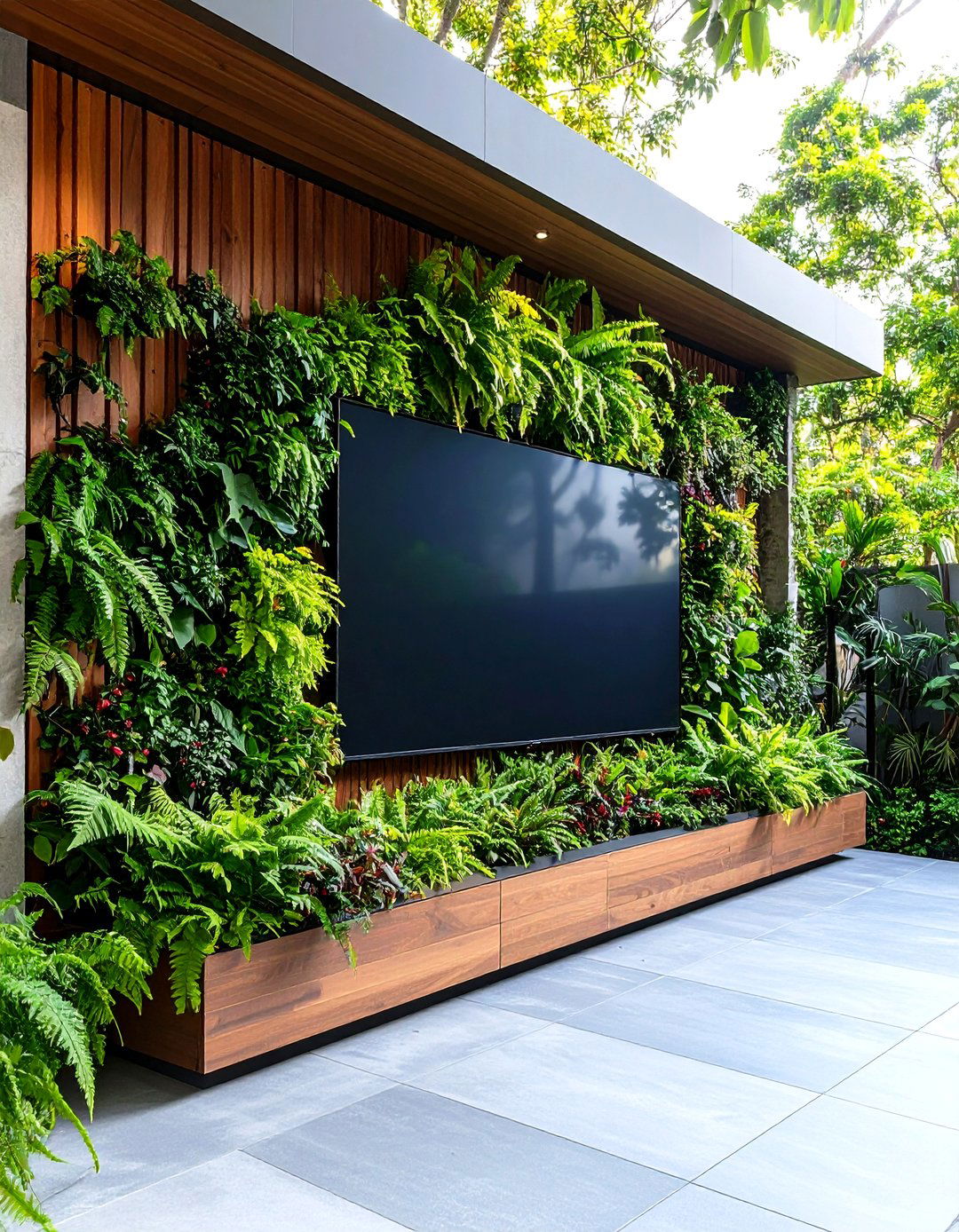 Outdoor TV Wall with Integrated Planters - 30 outdoor tv wall ideas