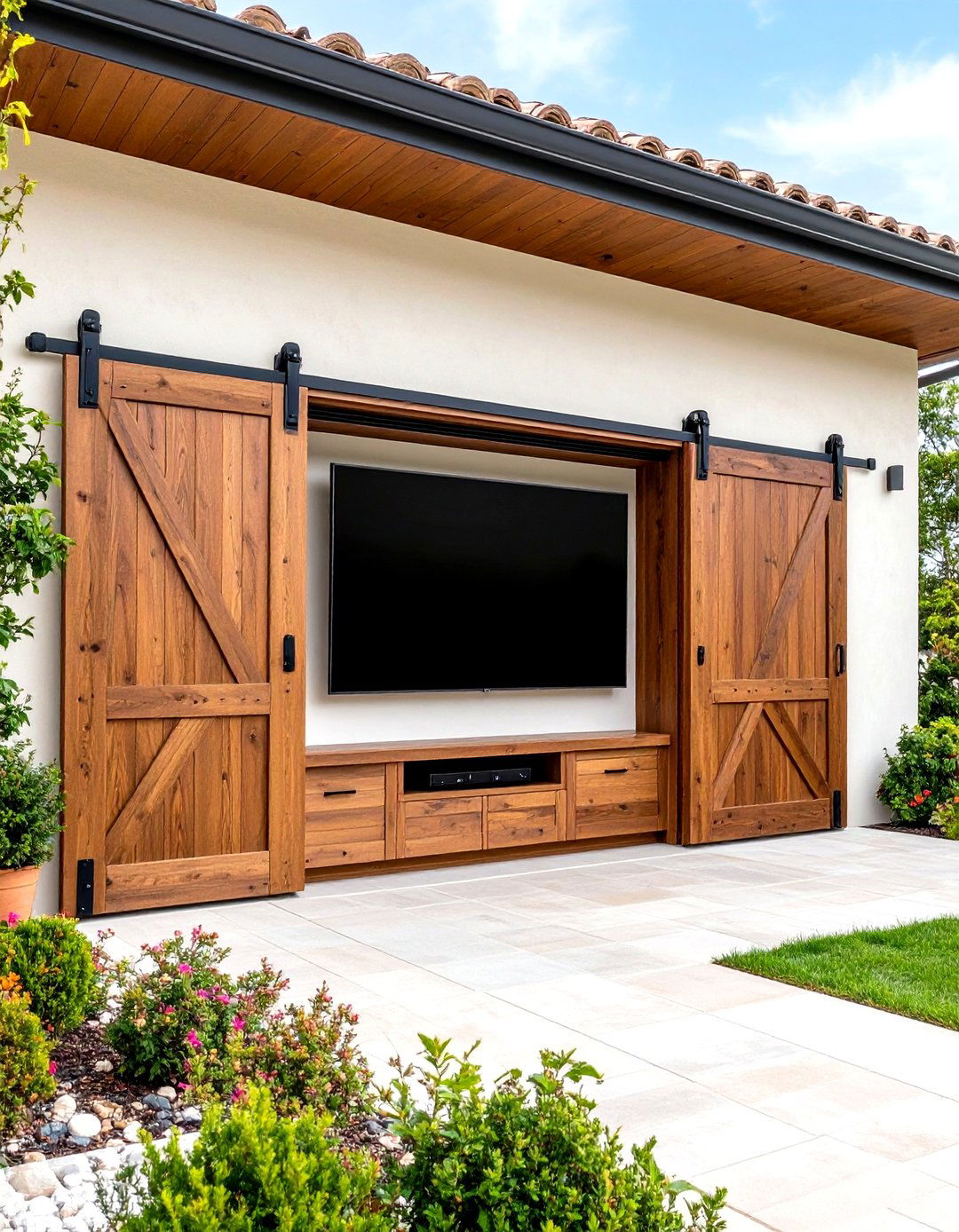 Outdoor TV Wall with Sliding Barn Doors - 30 outdoor tv wall ideas
