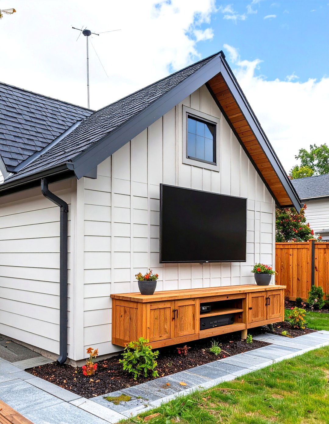 Outdoor TV Wall with a Gable Roof Cover - 30 outdoor tv wall ideas