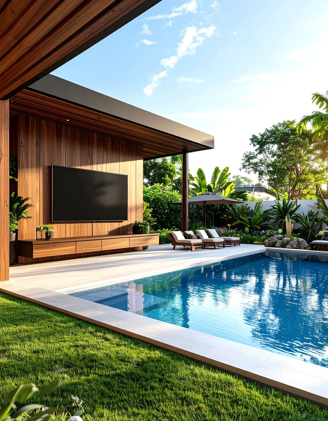 Outdoor TV Wall with a Motorized Lift System - 30 outdoor tv wall ideas