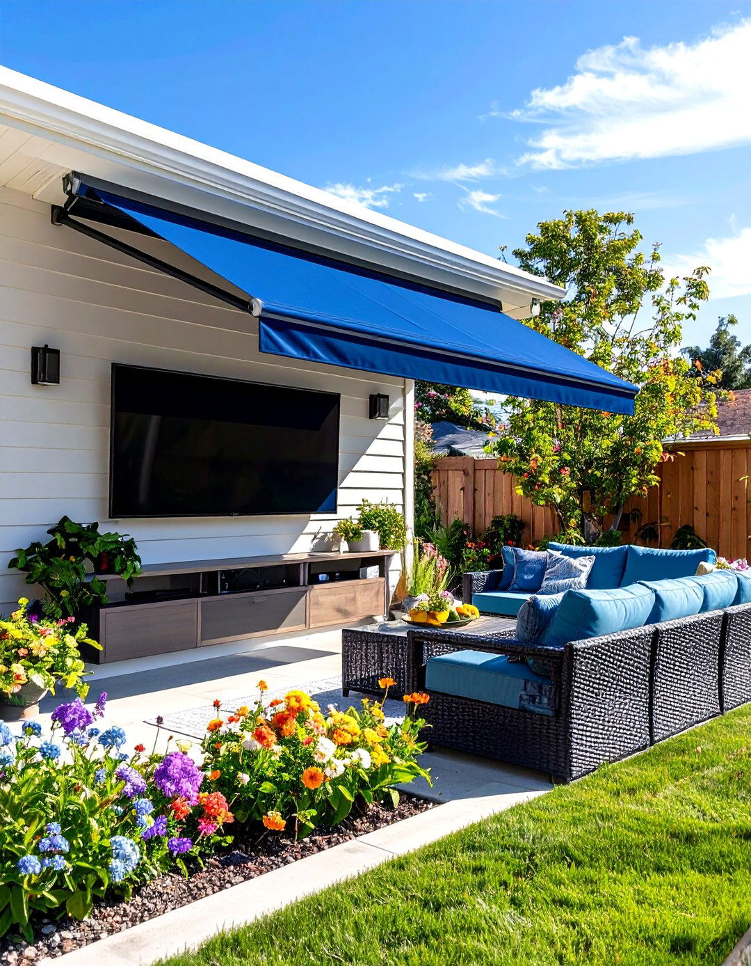 Outdoor TV Wall with a Protective Awning - 30 outdoor tv wall ideas