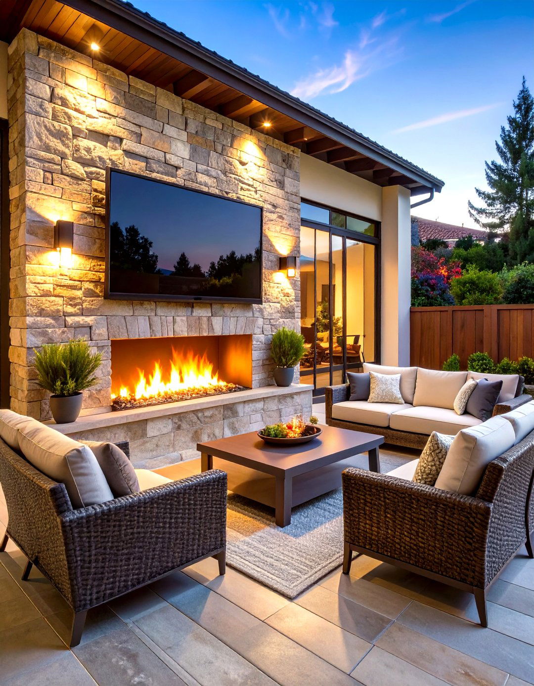 Outdoor TV Wall with a Stone Veneer Fireplace - 30 outdoor tv wall ideas