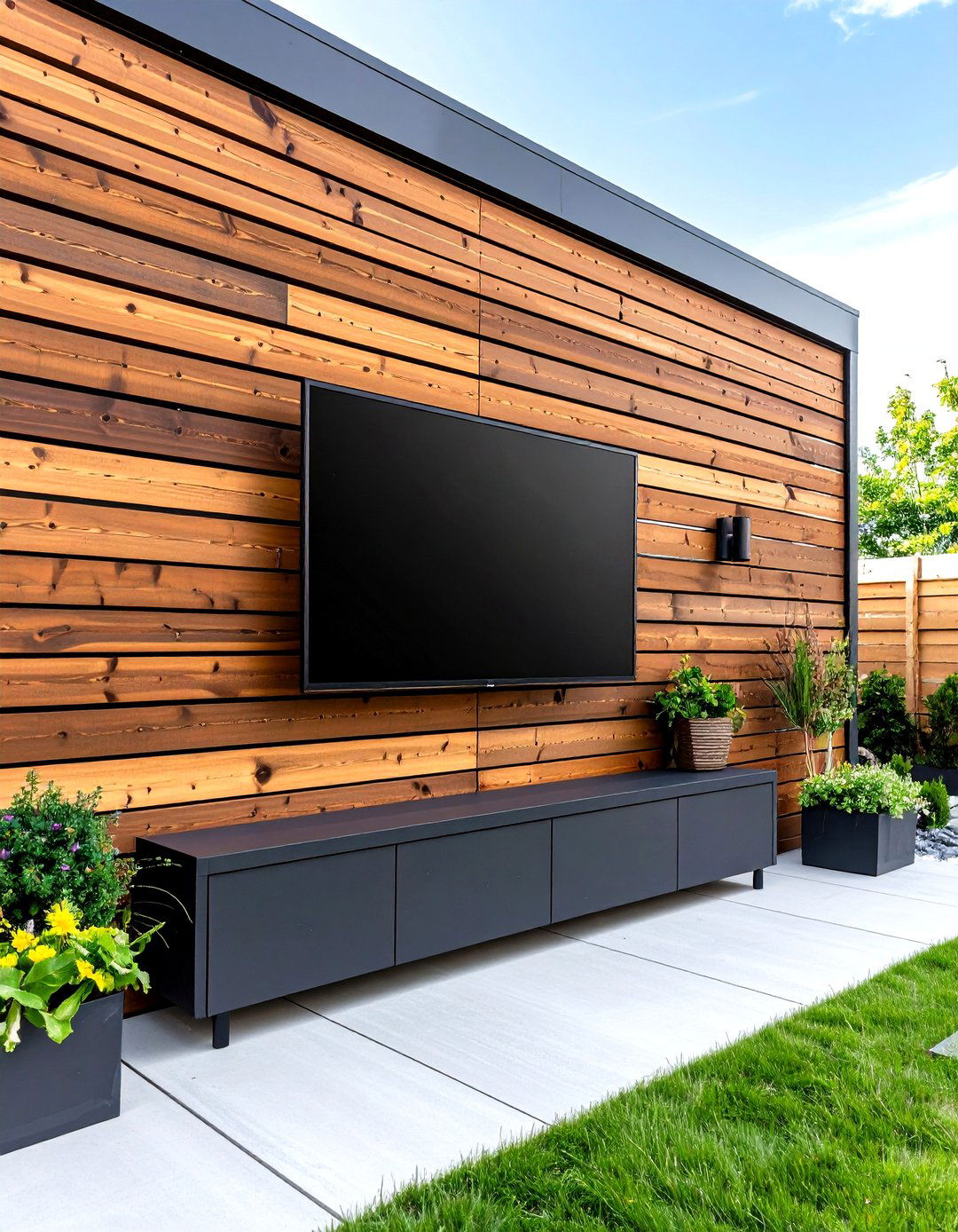Outdoor TV on a Modern Slat Wall - 30 outdoor tv ideas