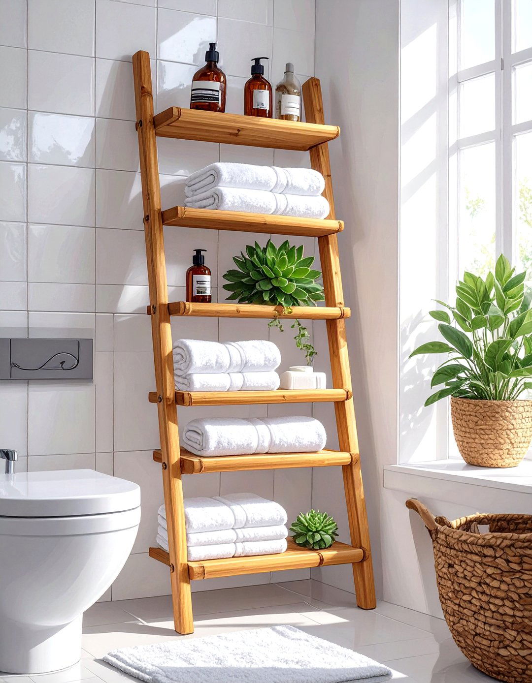 Over the Toilet Ladder Shelves - 30 shelves very small bathroom storage ideas