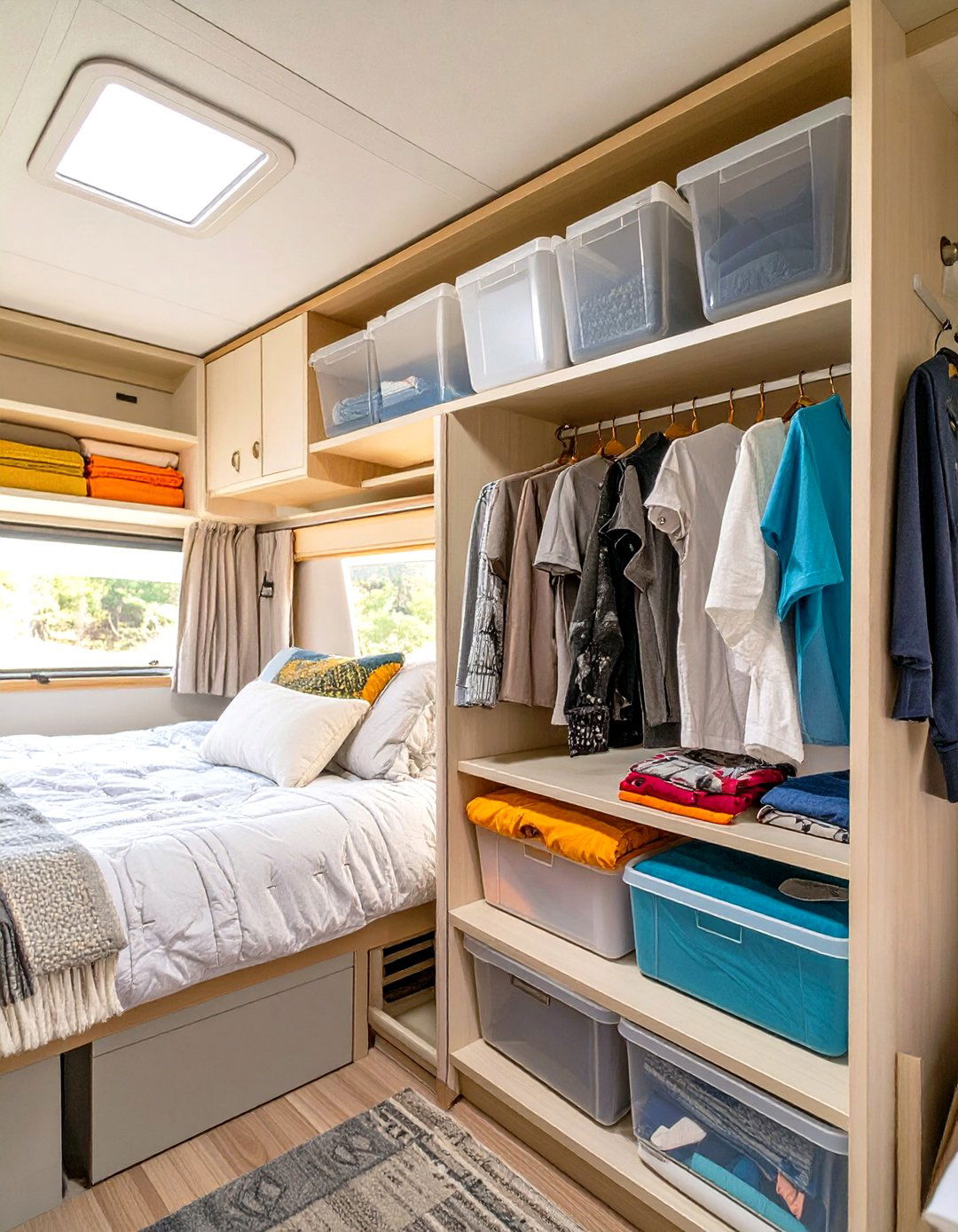 Overhead Cabinet Organization - 30 small rv bedroom ideas
