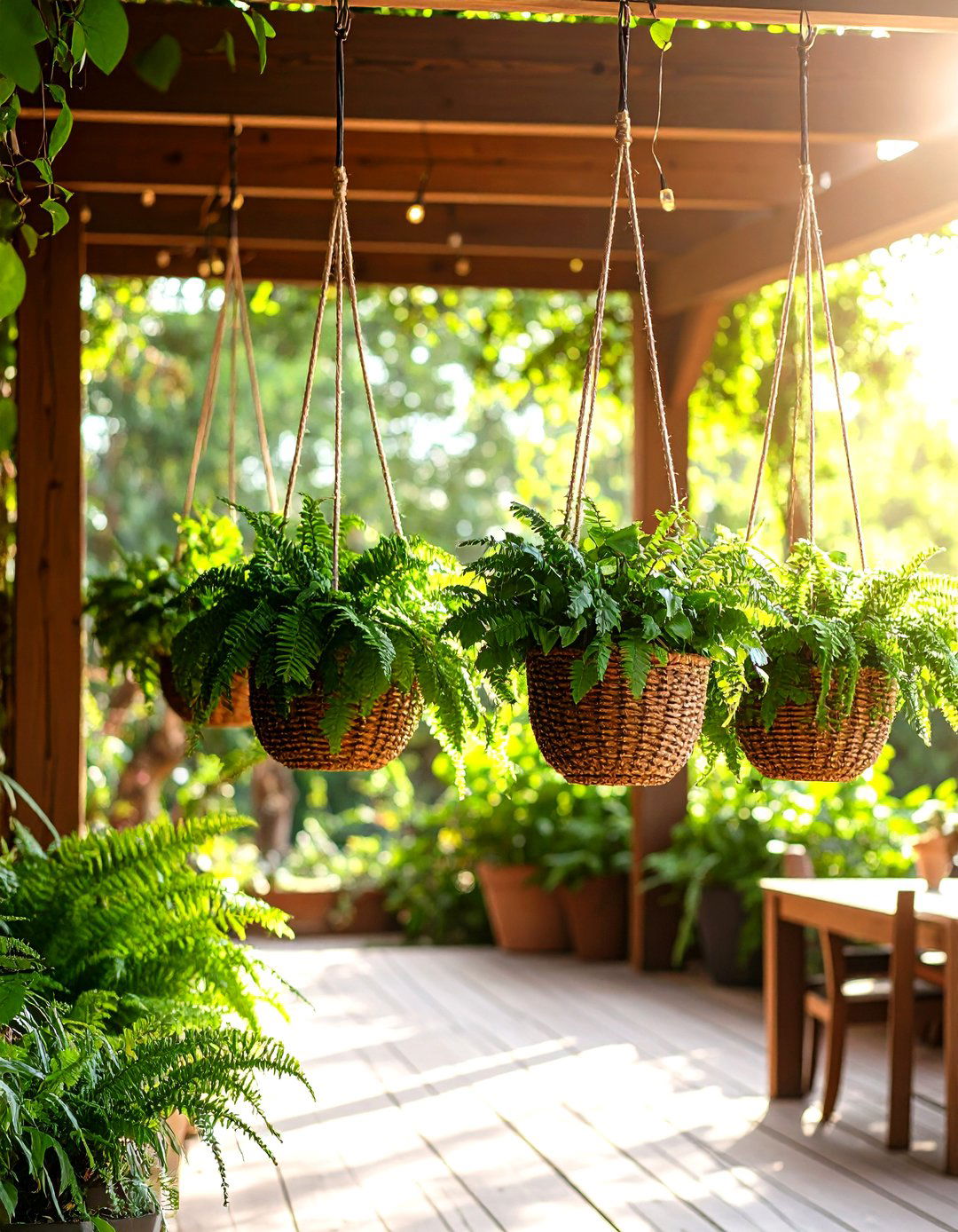 Overhead Hanging Plant Baskets - 30 patio shade ideas on a budget